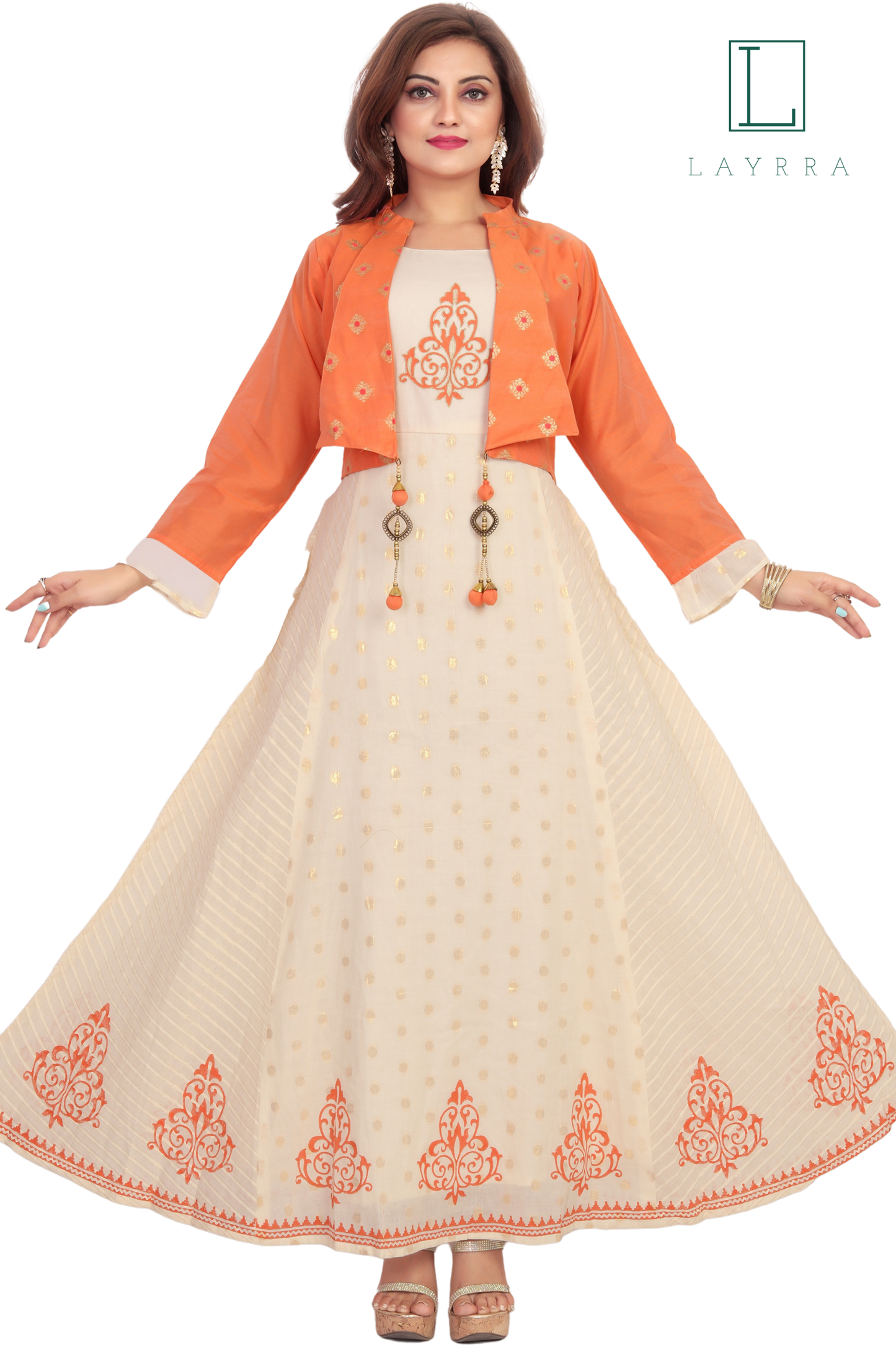 Women Peach & White Golden Ethnic Motifs Print Koti Style Embroidered Anarkali Kurta - Complete Set