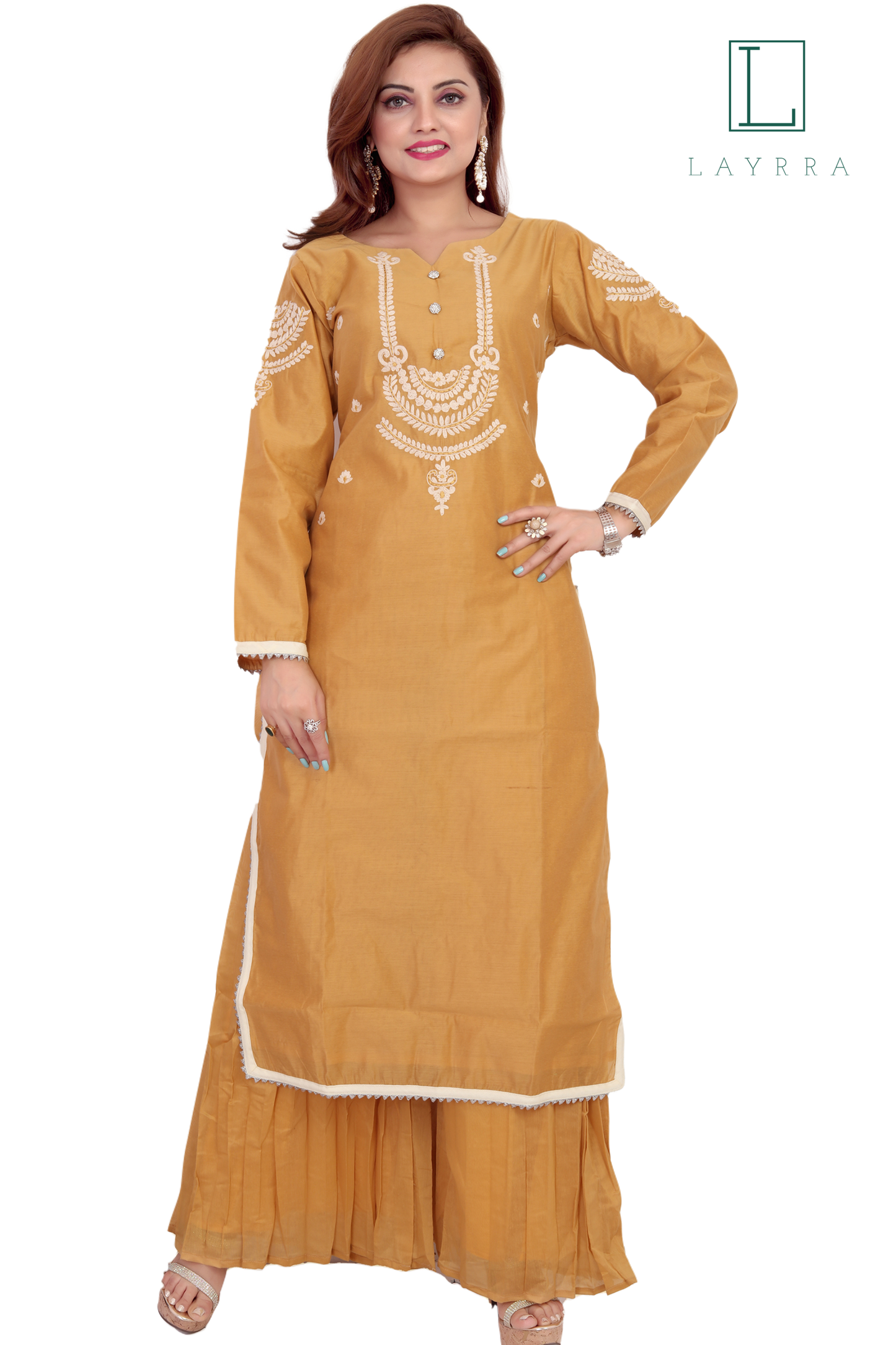 Women Yellow Brown Ethnic Motifs Embroidered Kurta with Palazzos & With Dupatta - Complete Set