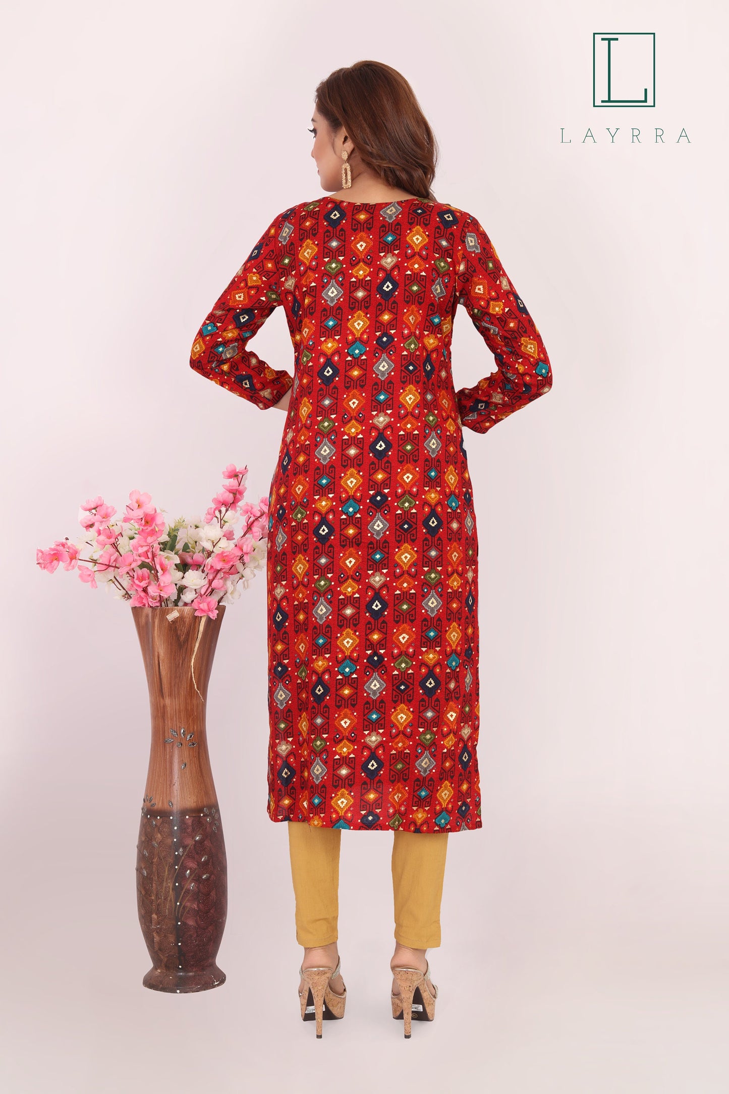 Women Red & Orange Motifs Print Floral Embroidered Kurta with Trousers