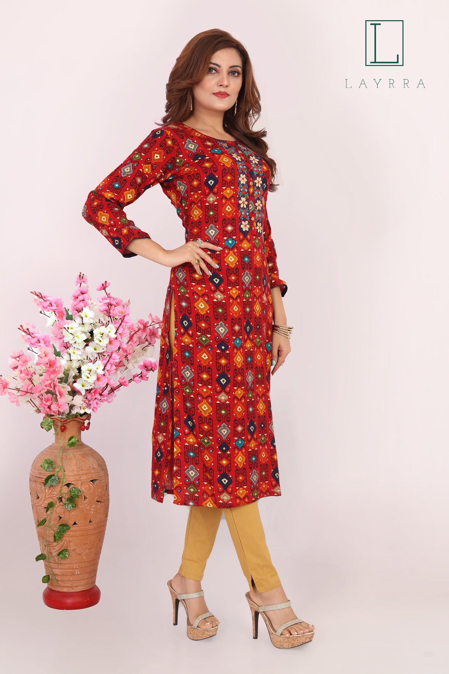 Women Red & Orange Motifs Print Floral Embroidered Kurta with Trousers