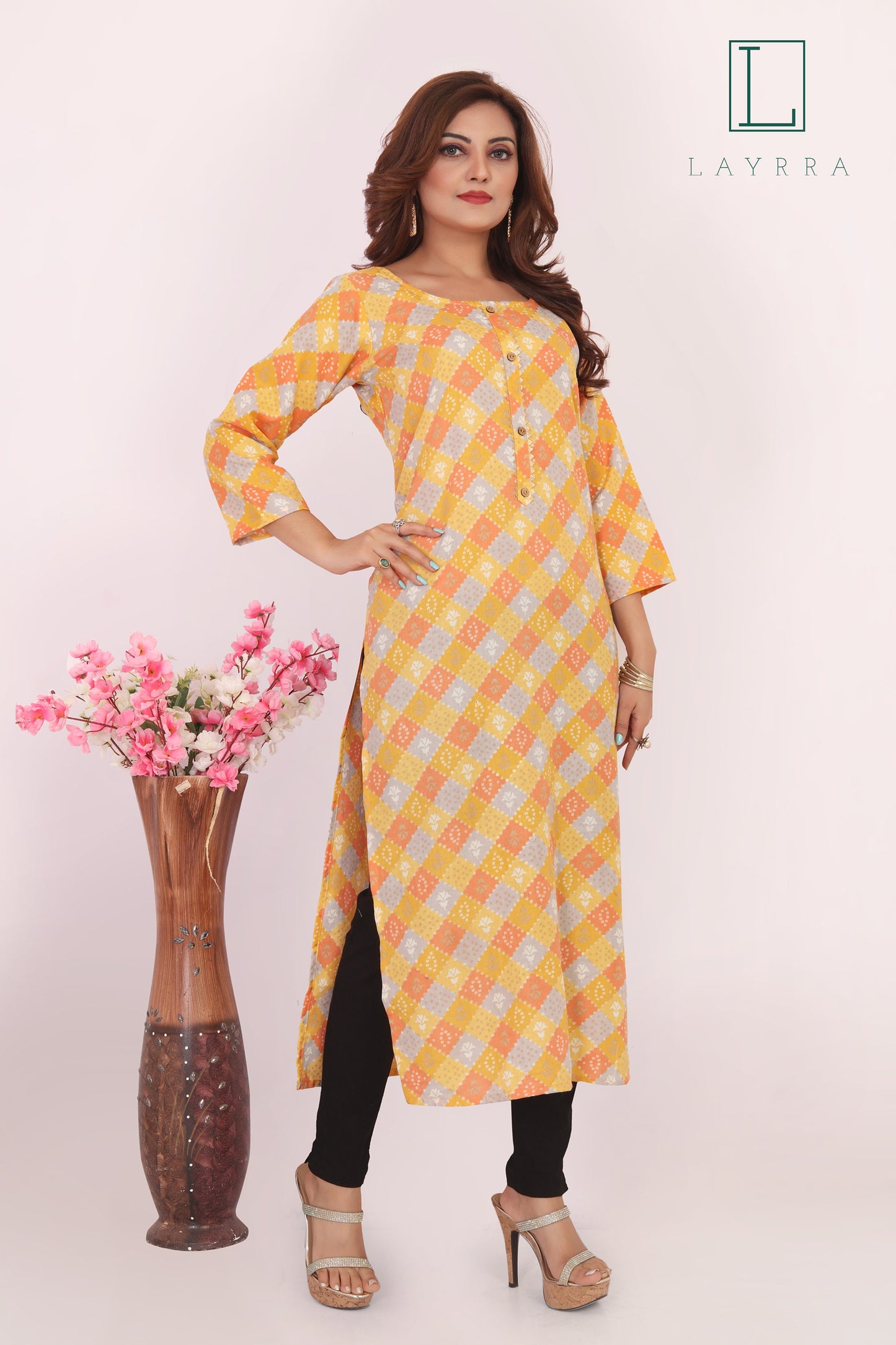Women Yellow Ethnic Diamond Checkered Floral Print Kurta with Trousers
