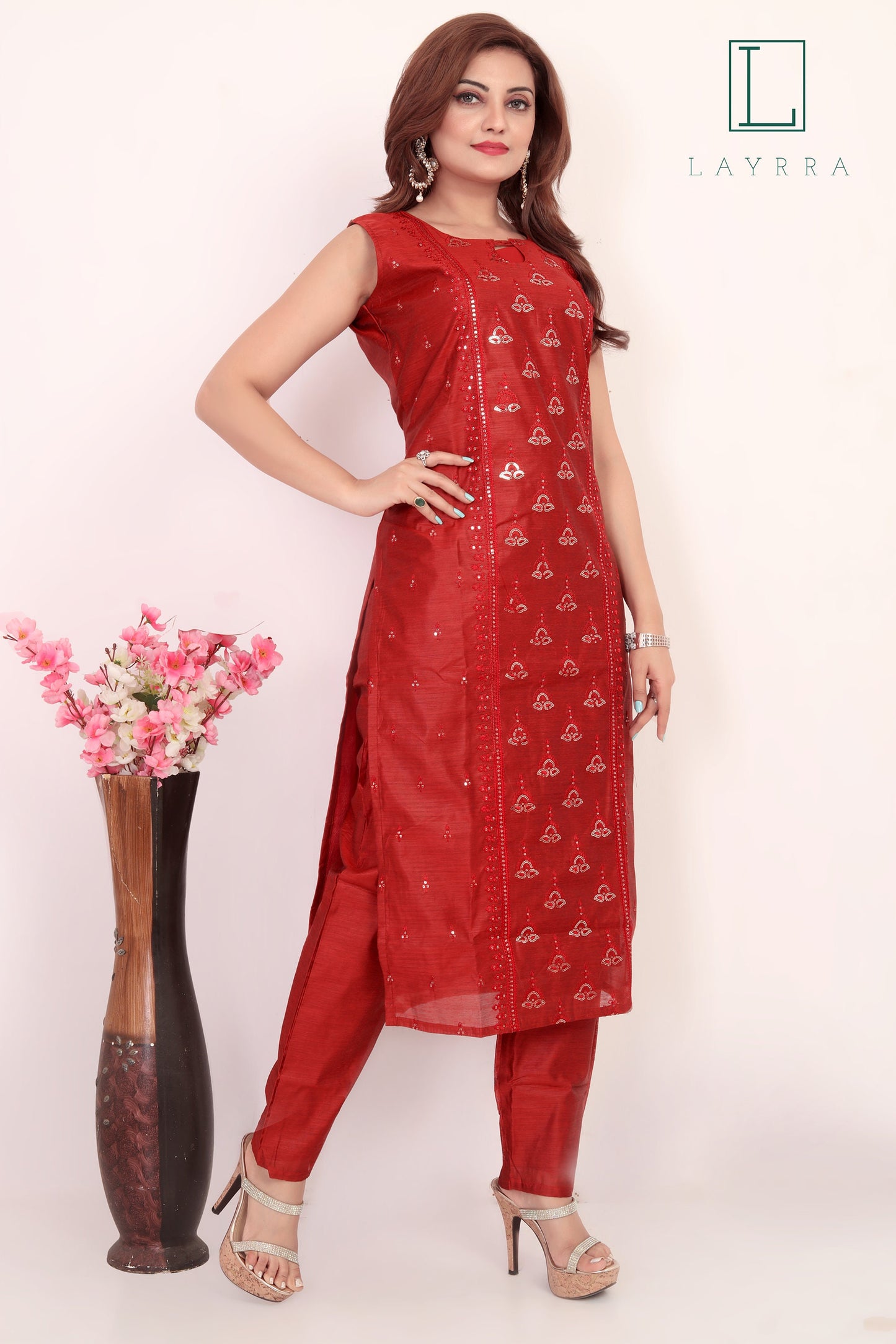 Women Dark Red Ethnic Motifs Sequinned Kurta with Pants & With Dupatta - Complete Set
