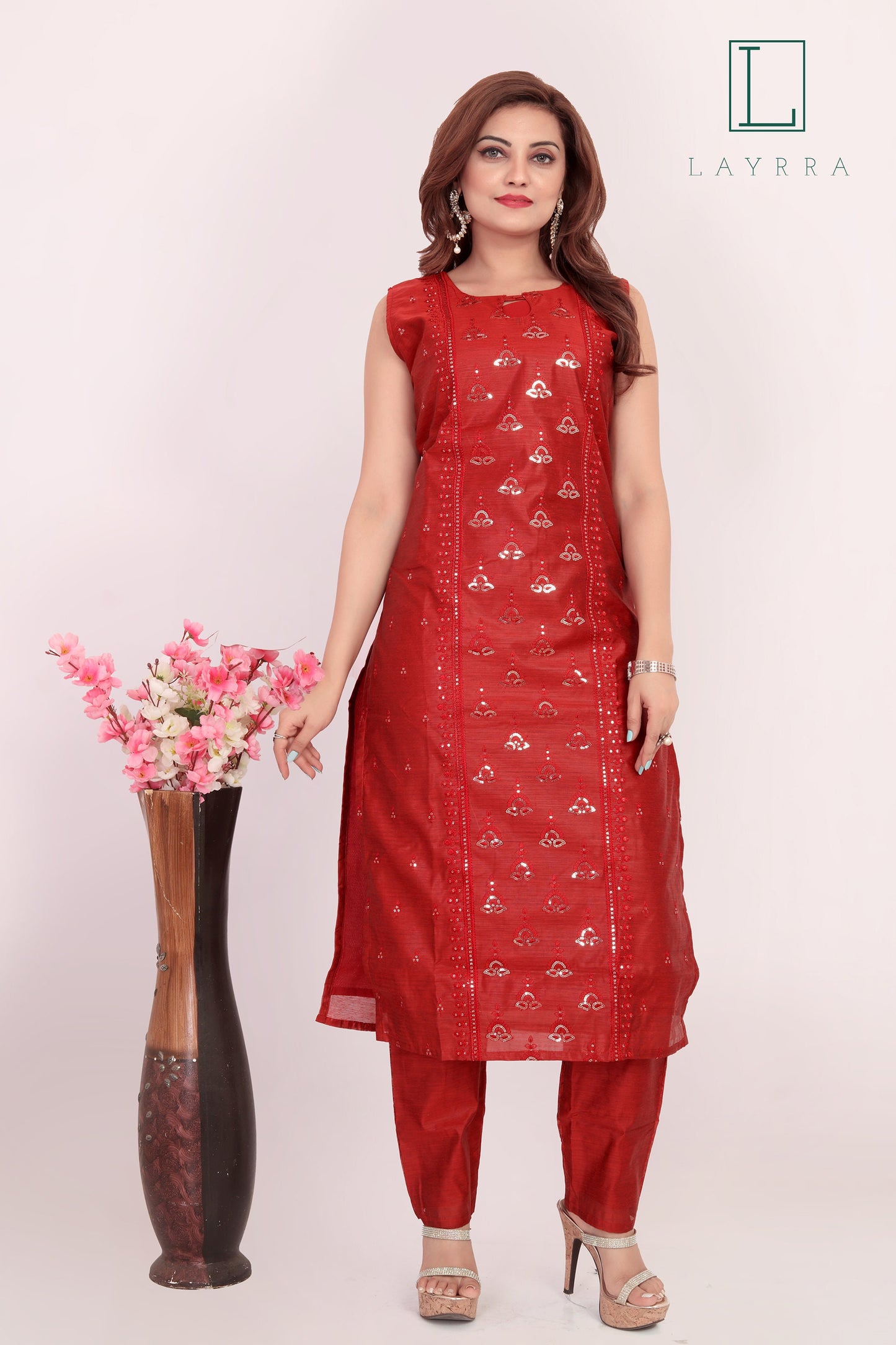 Women Dark Red Ethnic Motifs Sequinned Kurta with Pants & With Dupatta - Complete Set