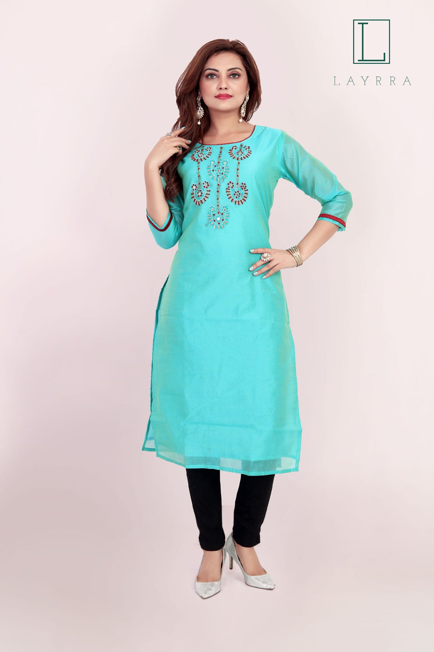 Women Turquoise Ethnic Motifs Embroidered Mirror work Kurta with Trousers