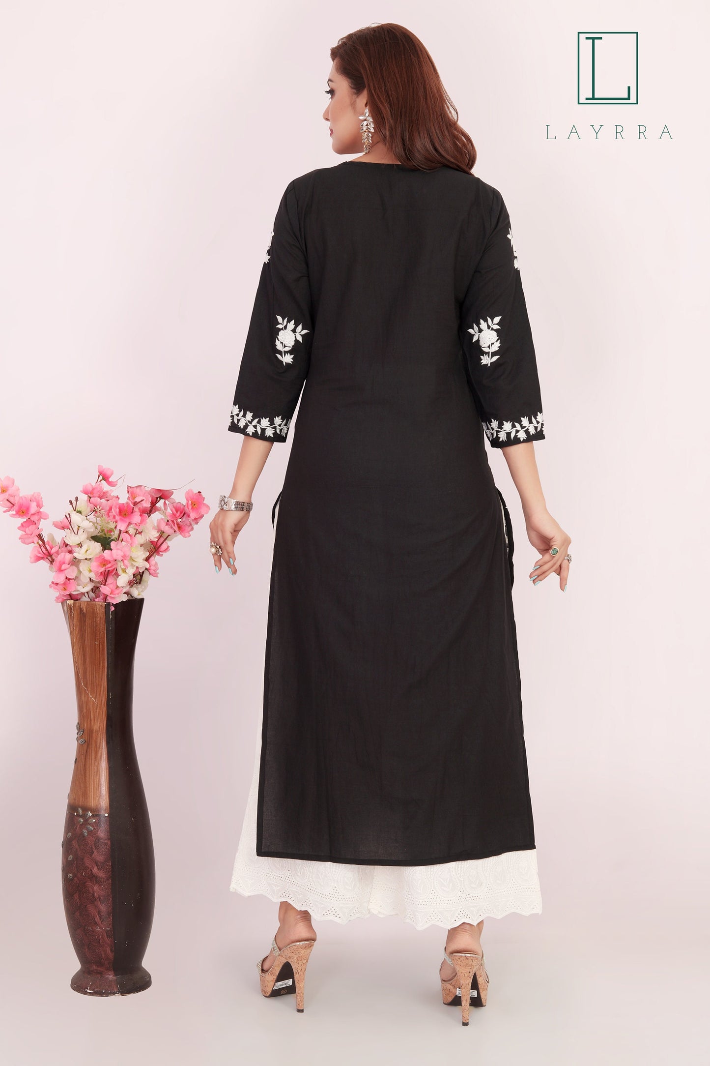 Women Black and White Ethnic Floral Embroidered Kurta with Palazzos - Complete Set