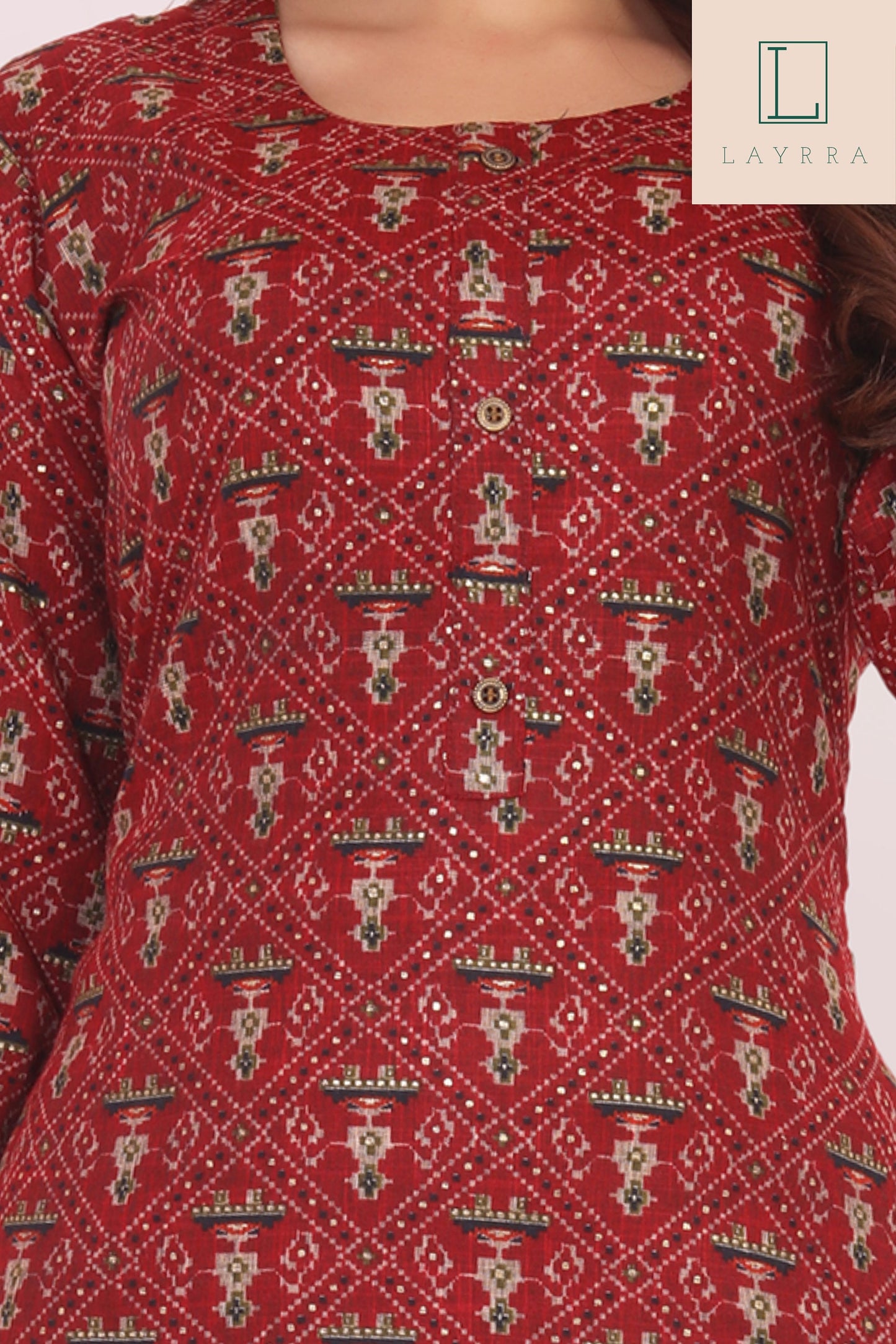 Women Burgundy Ethnic Diamond Motifs Print Kurta with Trousers