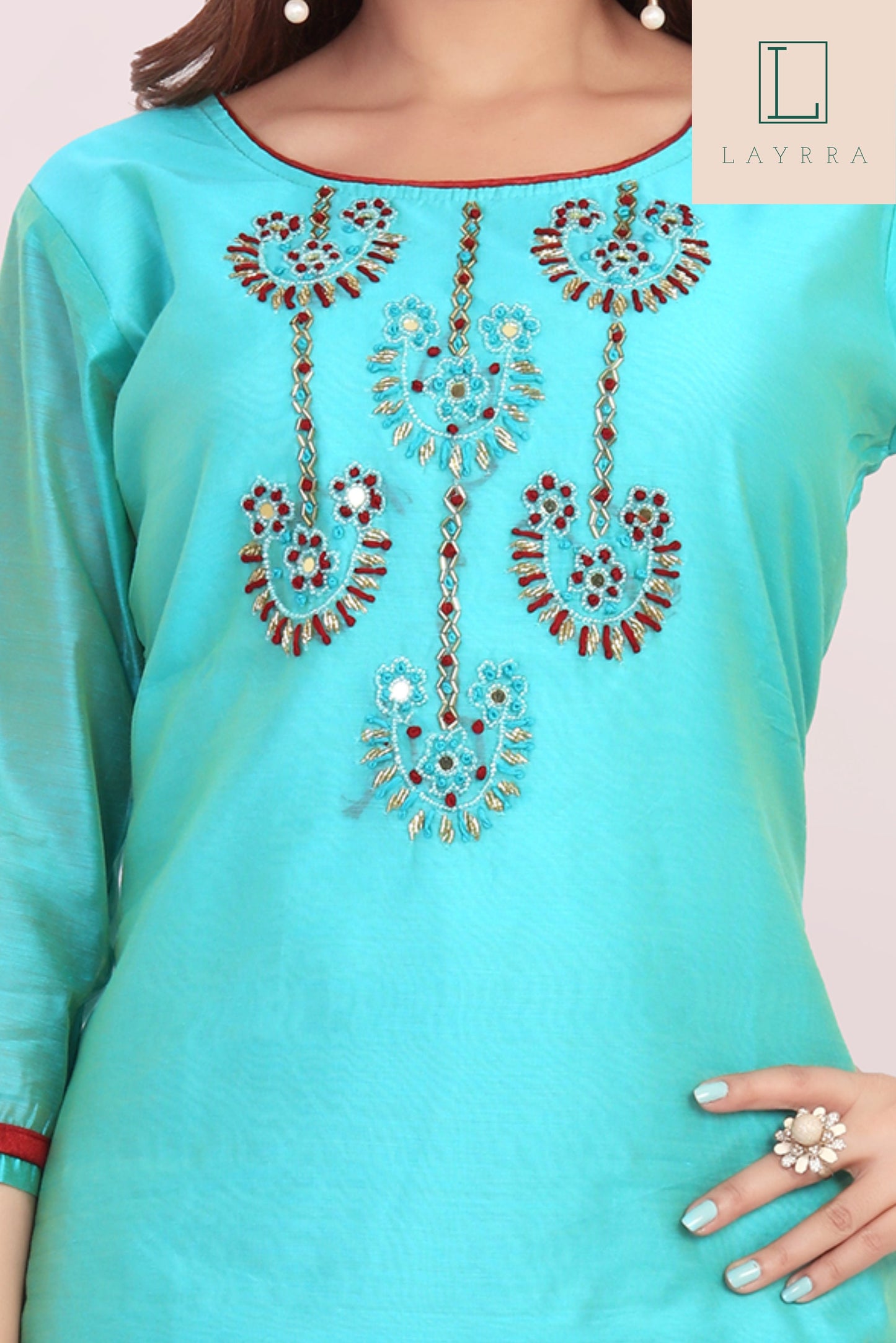 Women Turquoise Ethnic Motifs Embroidered Mirror work Kurta with Trousers