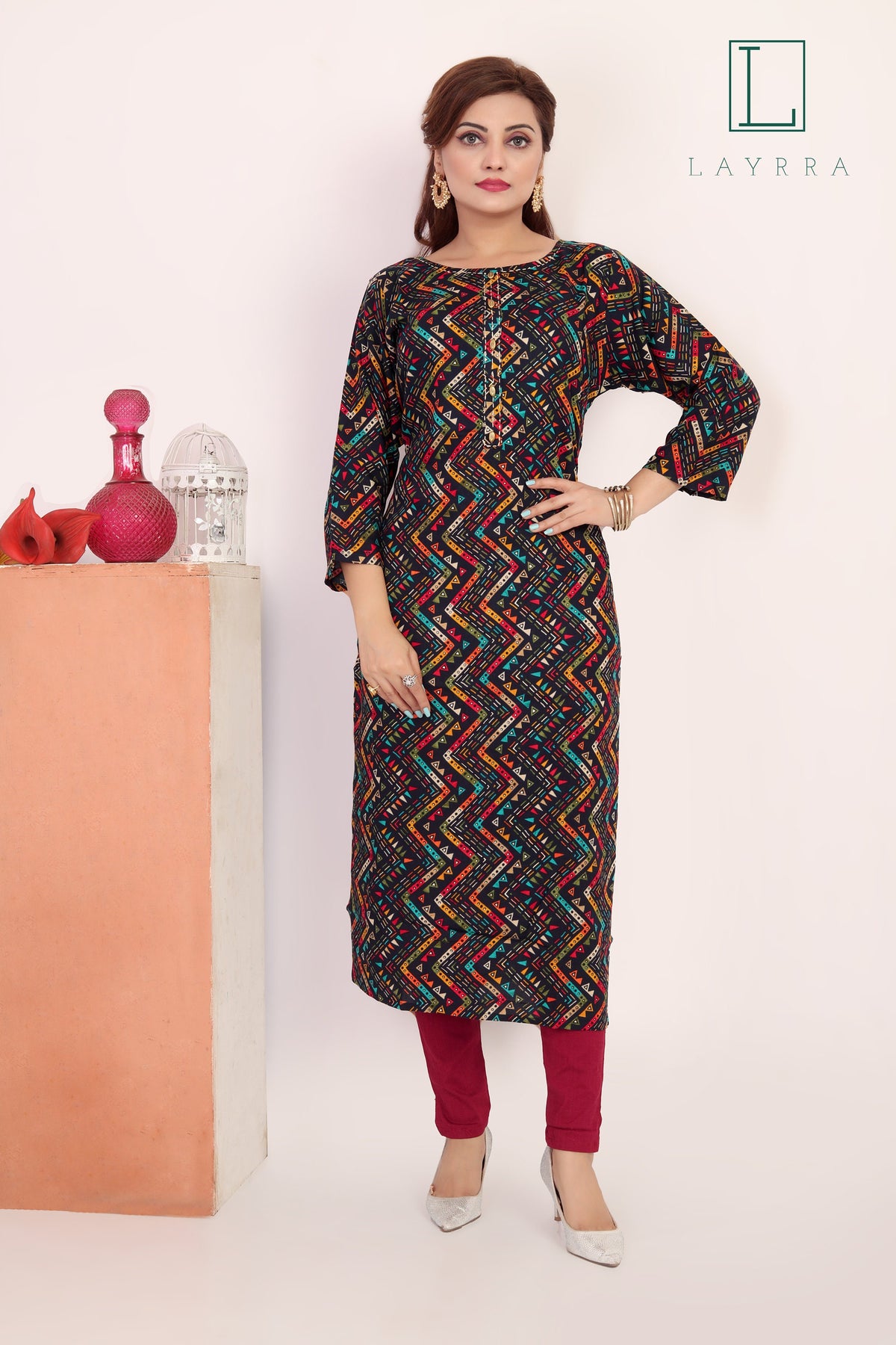 Women Midnight Blue Ethnic Zig Zag Print Kurta with Trousers