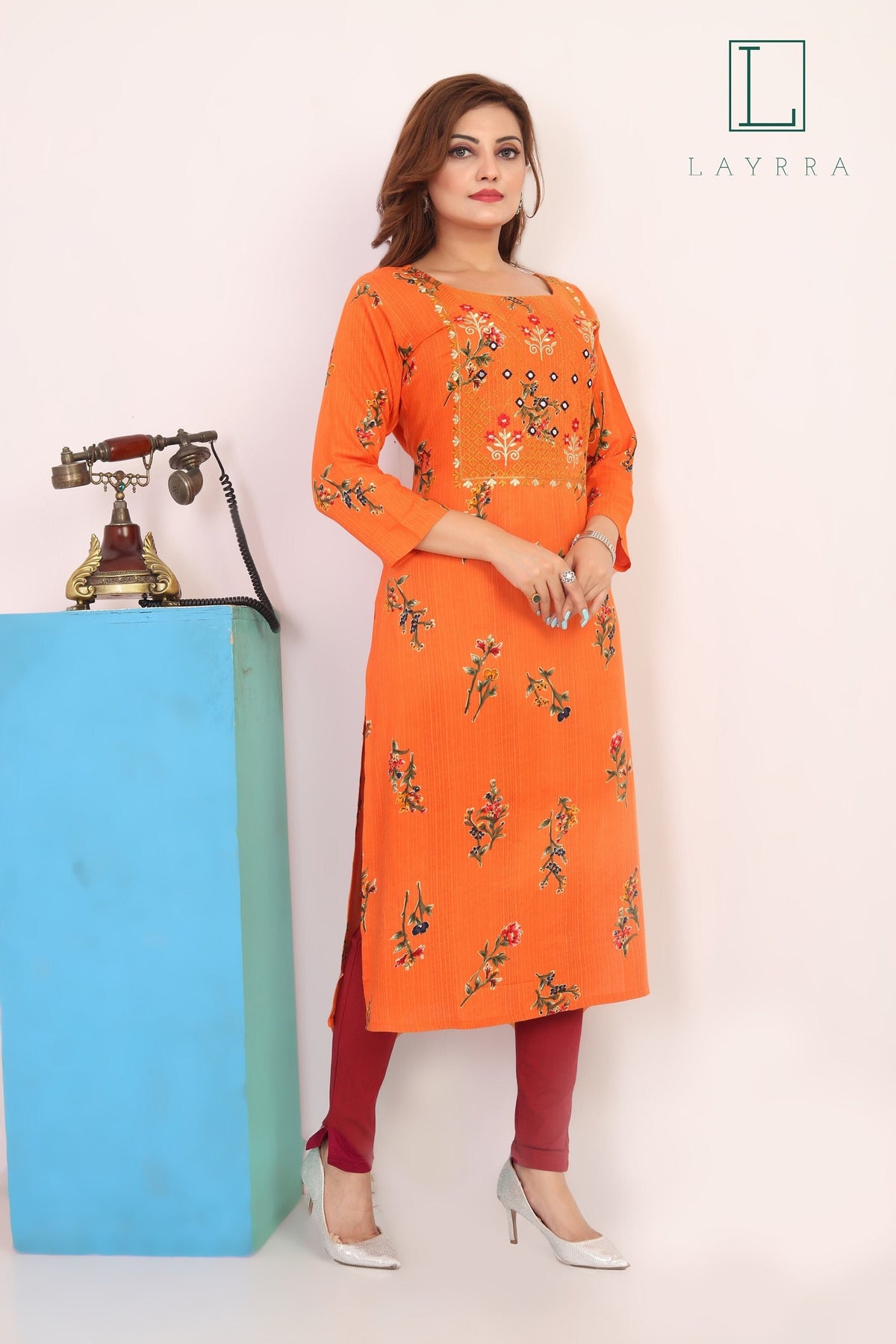 Women Orange Ethnic Floral Print Embroidered Mirror work Kurta with Trousers