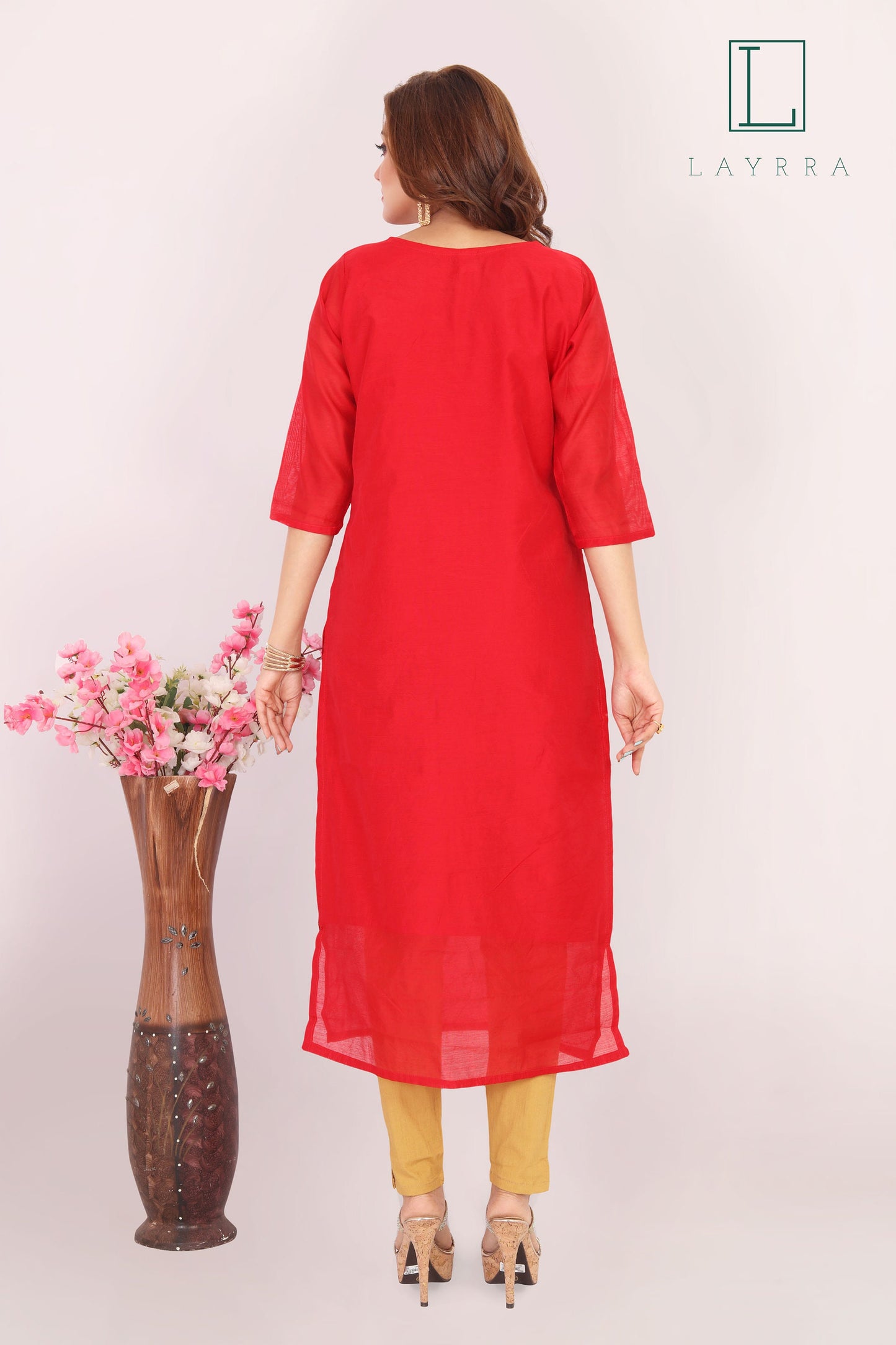 Women Red Ethnic Casual/Party Wear Zari Work Kurta with Trousers