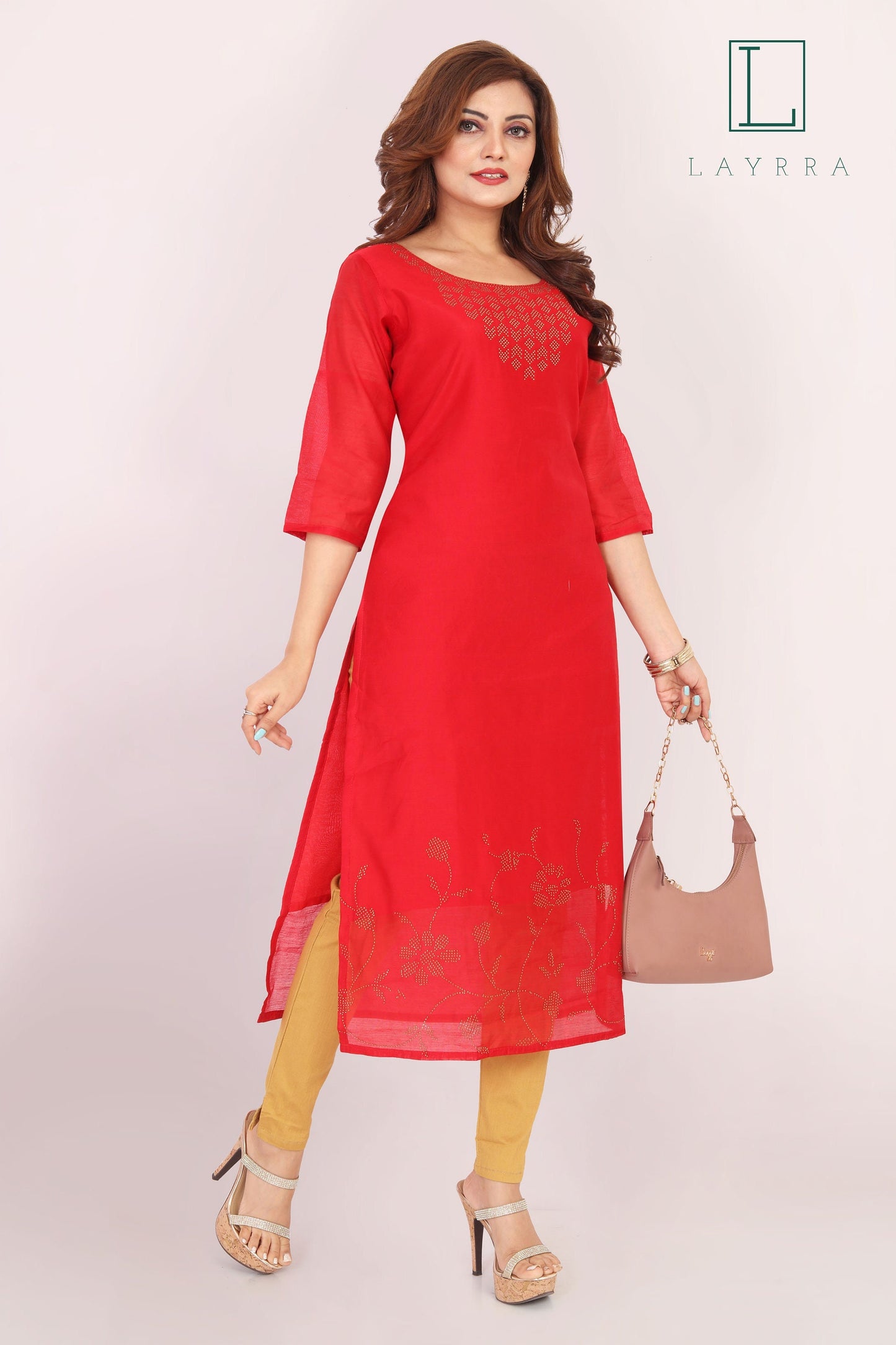 Women Red Ethnic Casual/Party Wear Zari Work Kurta with Trousers