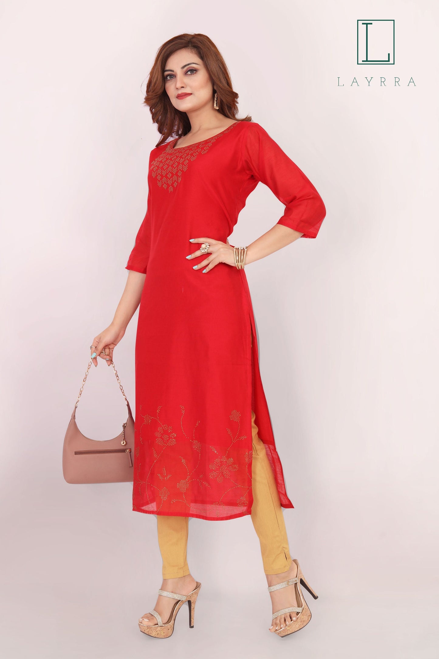 Women Red Ethnic Casual/Party Wear Zari Work Kurta with Trousers
