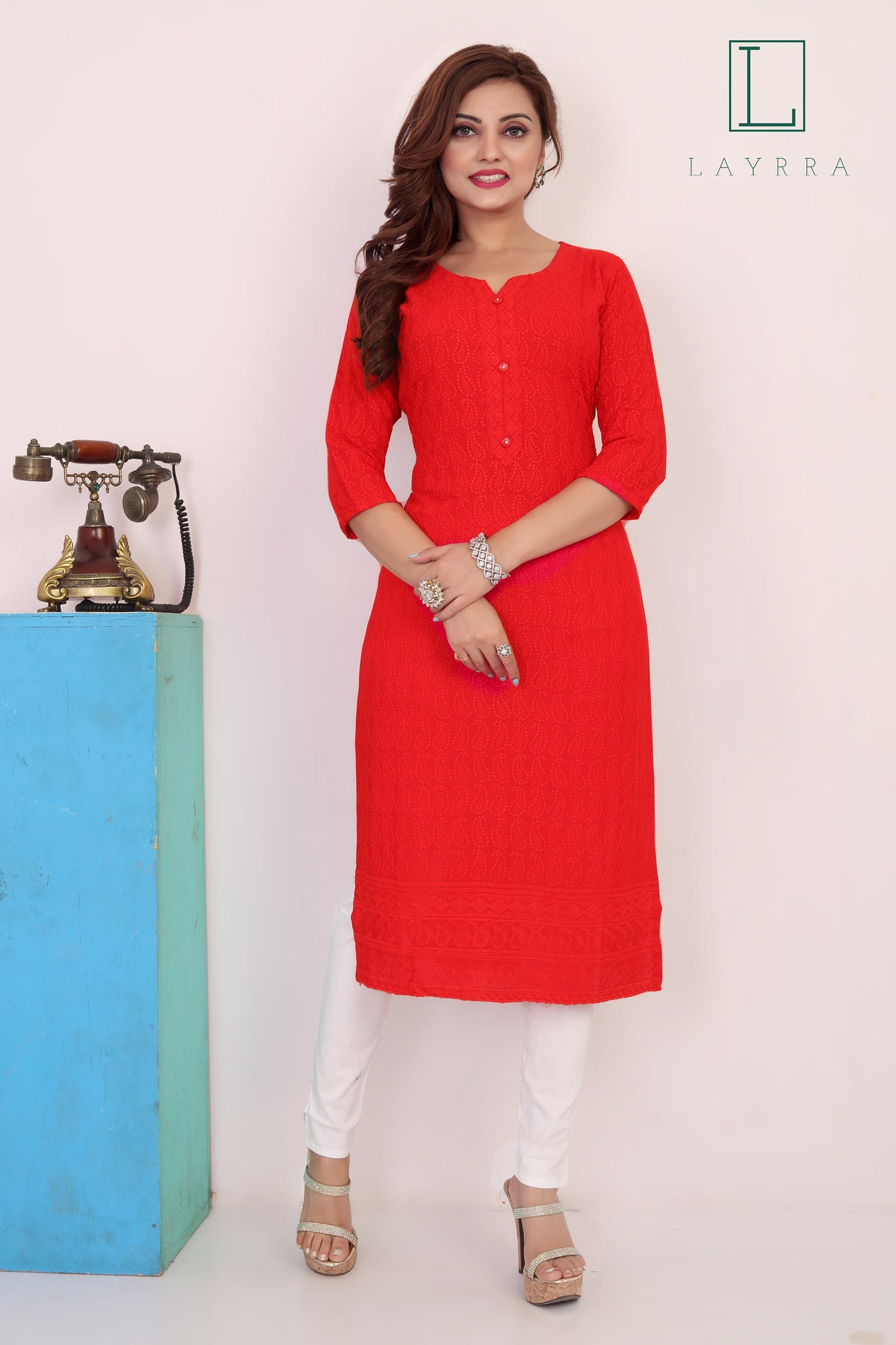 Women Red Ethnic Motifs Embroidered Kurta with Trousers
