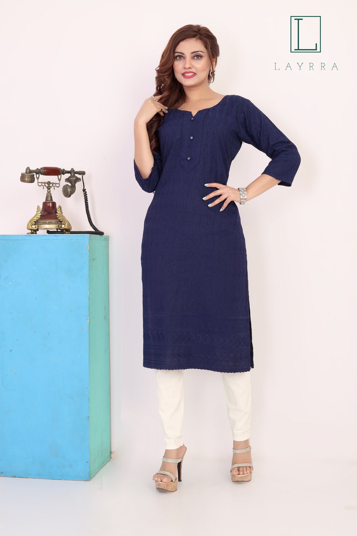 Women Navy Blue Ethnic Motifs Embroidered Kurta with Trousers