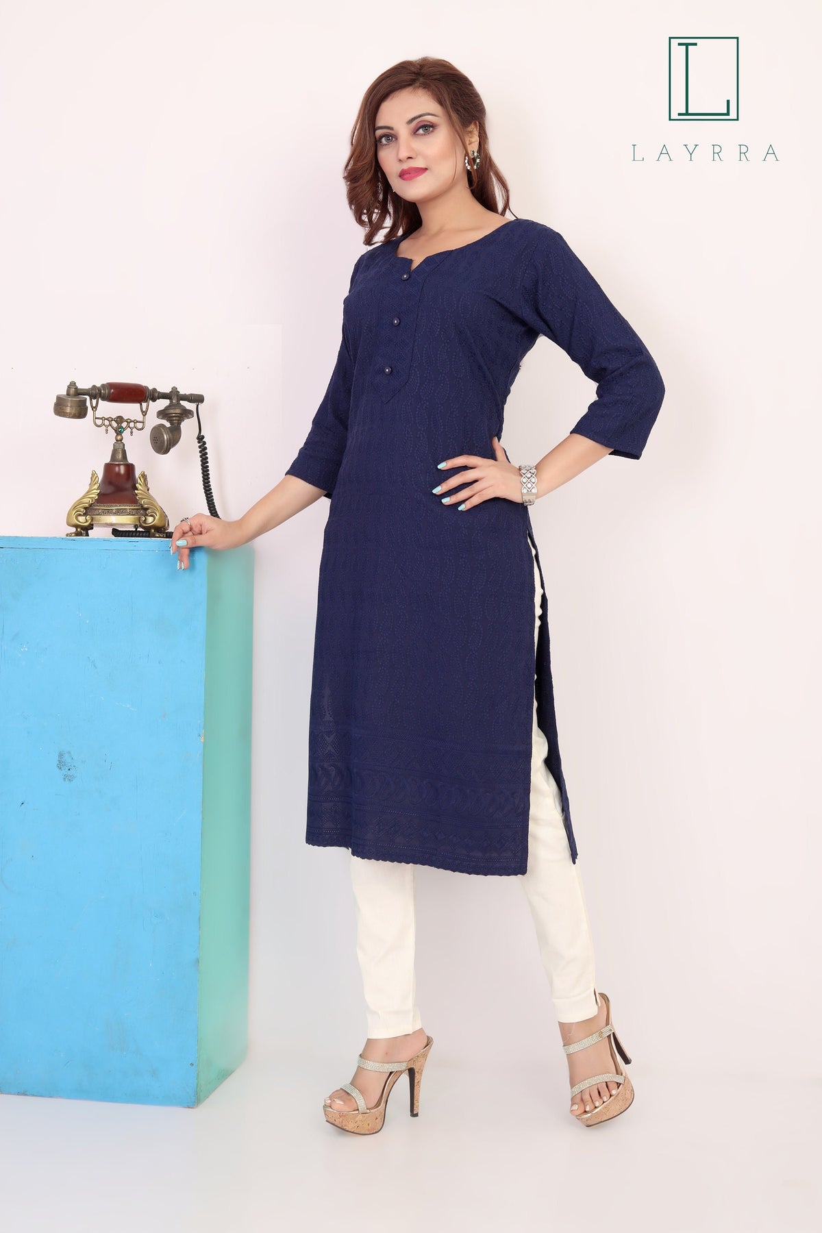 Women Navy Blue Ethnic Motifs Embroidered Kurta with Trousers