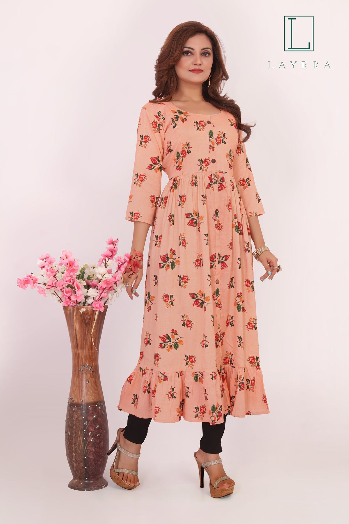 Women Peach Ethnic Floral Print Anarkarli Kurta with Trousers