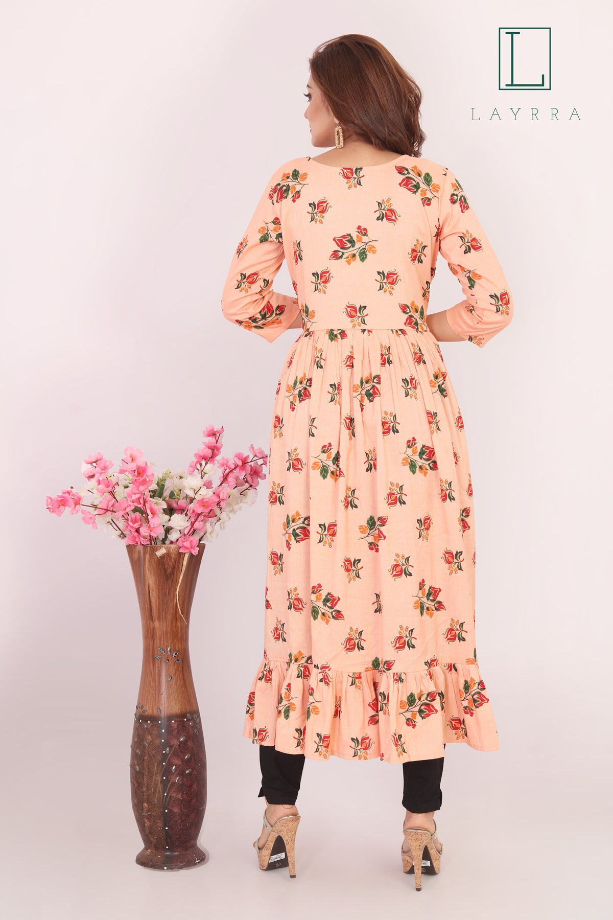 Women Peach Ethnic Floral Print Anarkarli Kurta with Trousers