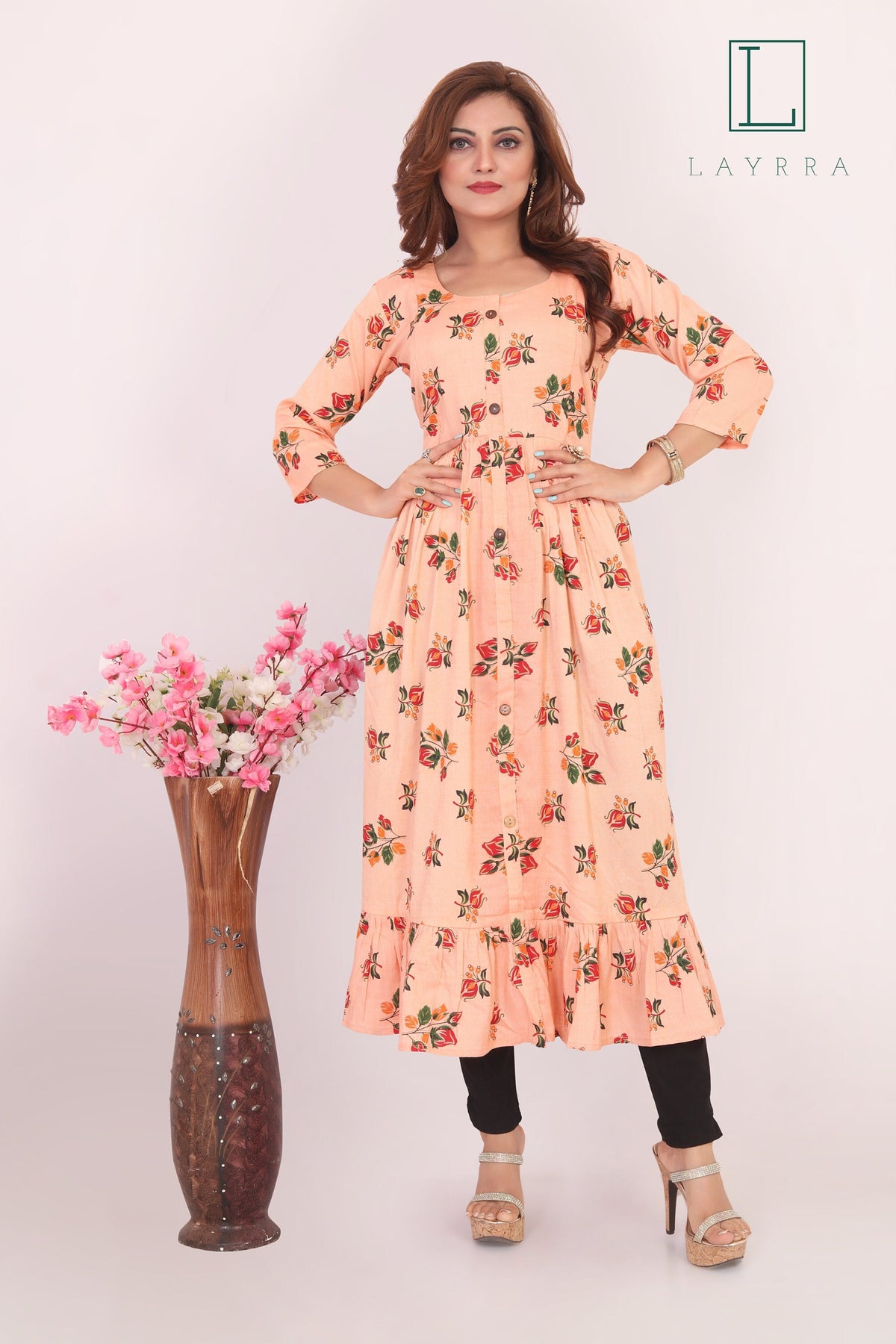 Women Peach Ethnic Floral Print Anarkarli Kurta with Trousers
