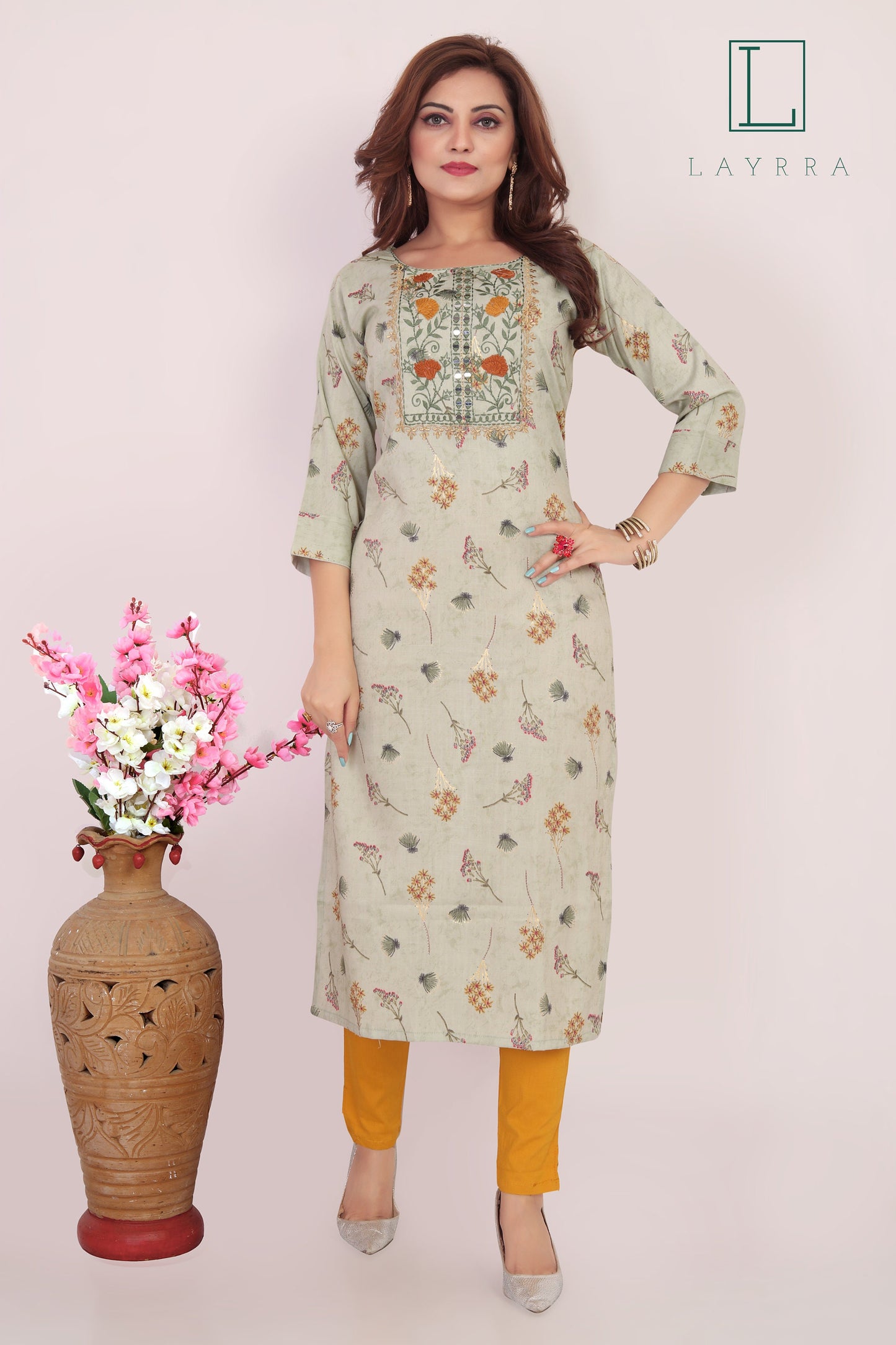 Women Tea Green Ethnic Floral Print Embroidered Mirror work Kurta with Trousers