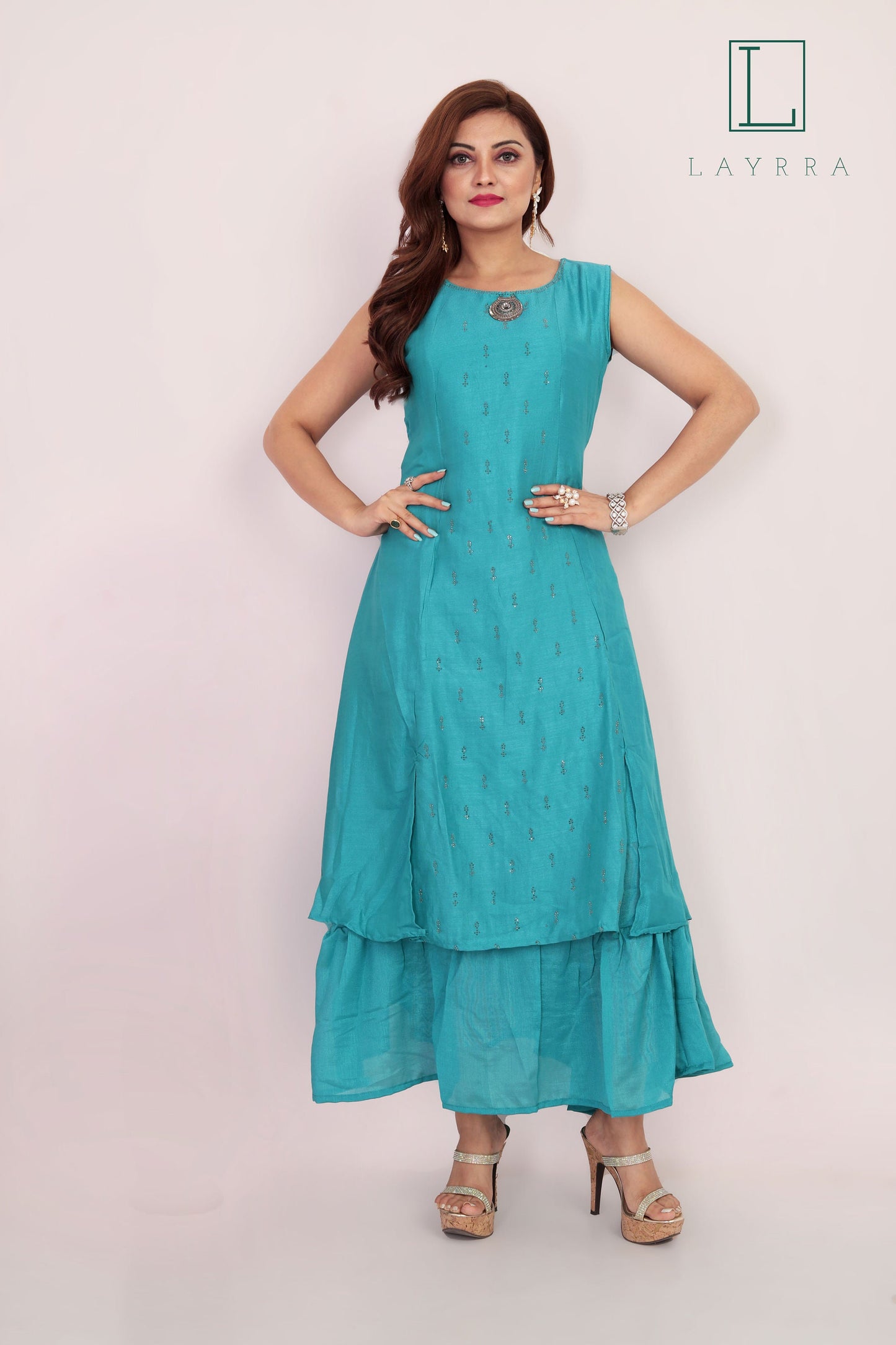 Women Turquoise Ethnic Motifs Zari work Anarkali Kurta - Complete Set