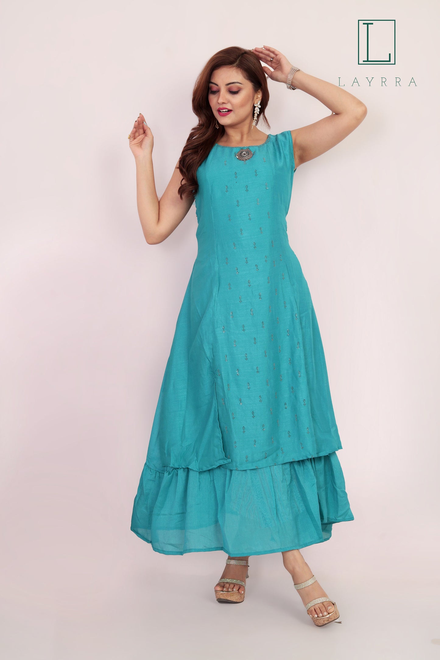 Women Turquoise Ethnic Motifs Zari work Anarkali Kurta - Complete Set