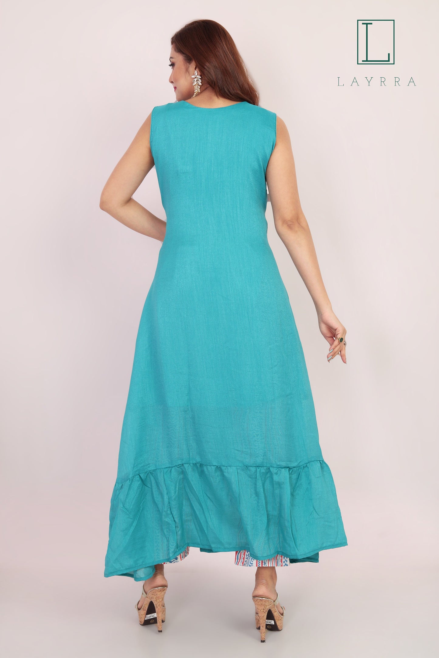 Women Turquoise Ethnic Motifs Zari work Anarkali Kurta - Complete Set