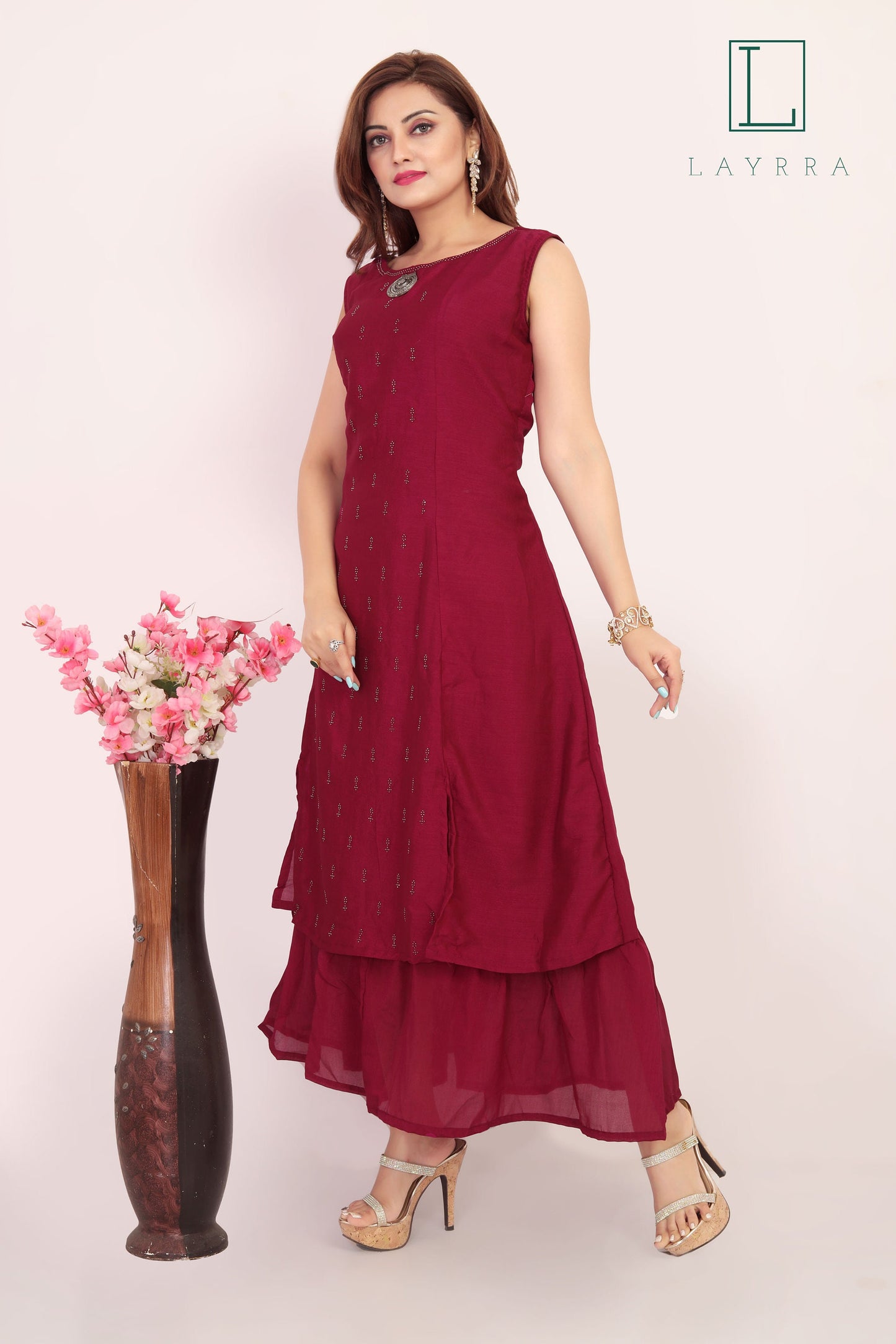 Women Wine Red Ethnic Motifs Zari work Anarkali Kurta - Complete Set
