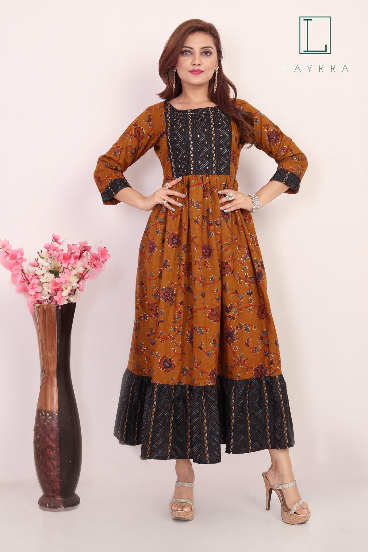 Women Brown Blue Ethnic Floral Print Mirror work Anarkali Kurta - Complete Set