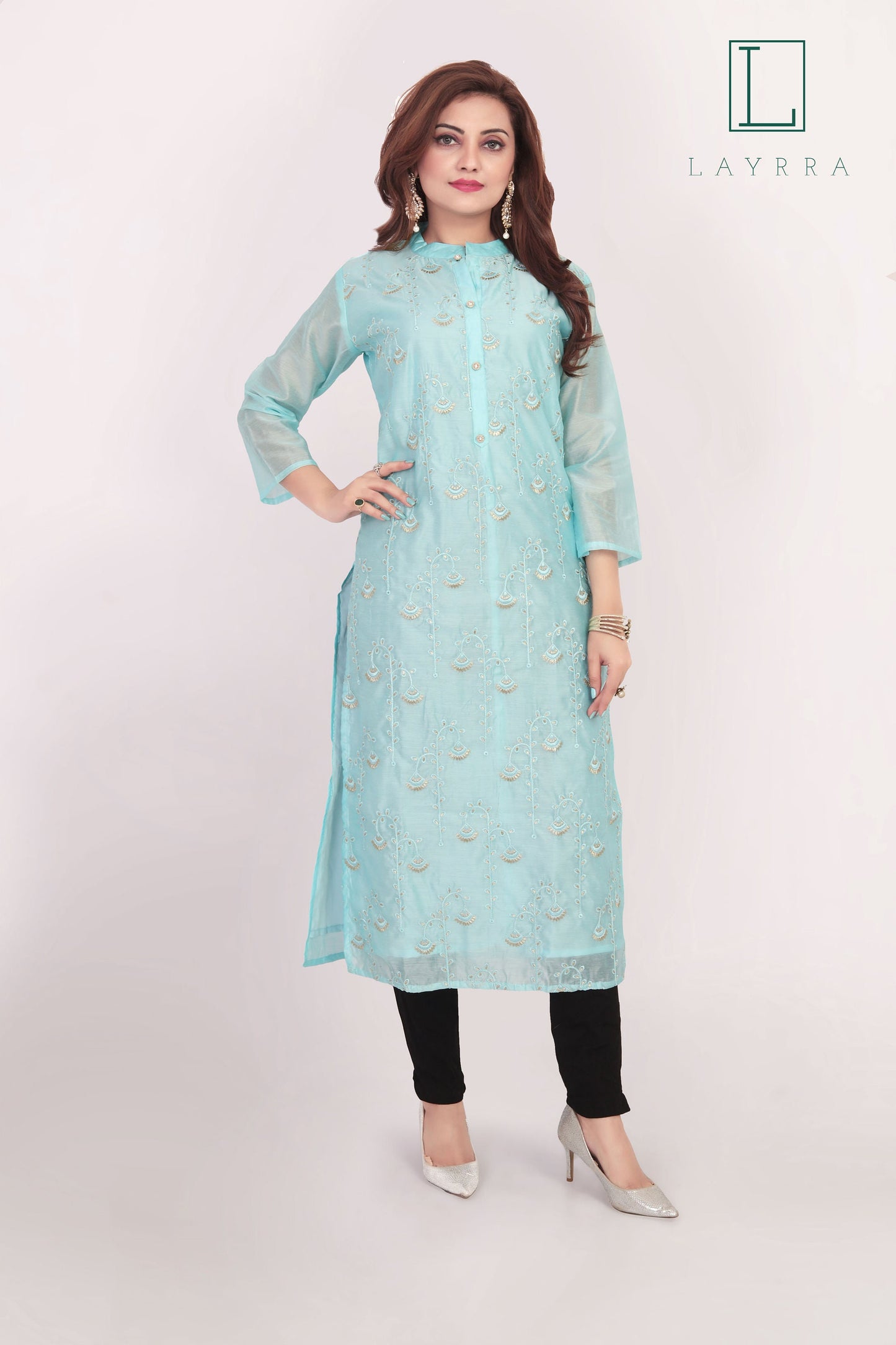 Women Turquoise Ethnic Floral Embroidered Kurta with Trousers