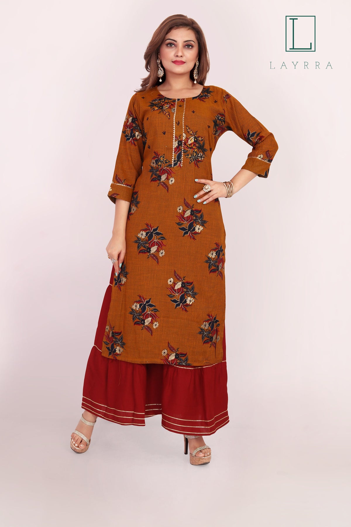 Women Cinnamon Brown Ethnic Floral Print Kurta with Palazzos - Complete Set