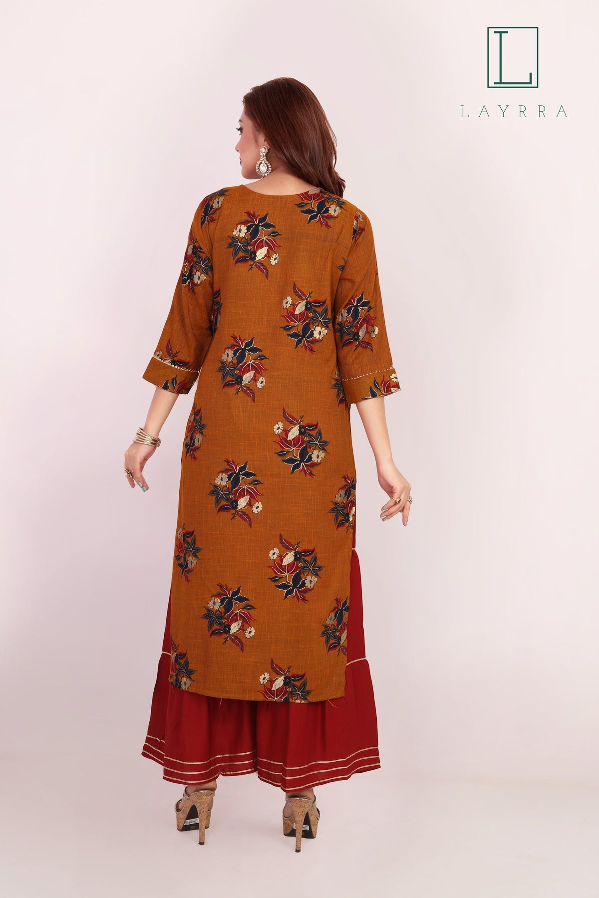 Women Cinnamon Brown Ethnic Floral Print Kurta with Palazzos - Complete Set