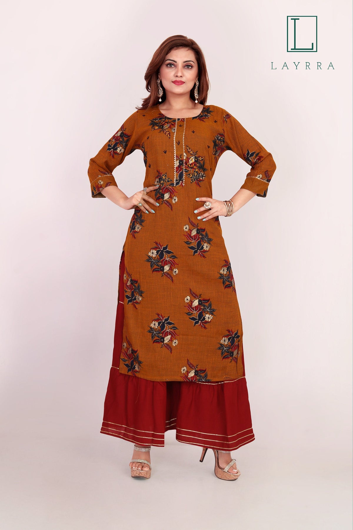 Women Cinnamon Brown Ethnic Floral Print Kurta with Palazzos - Complete Set