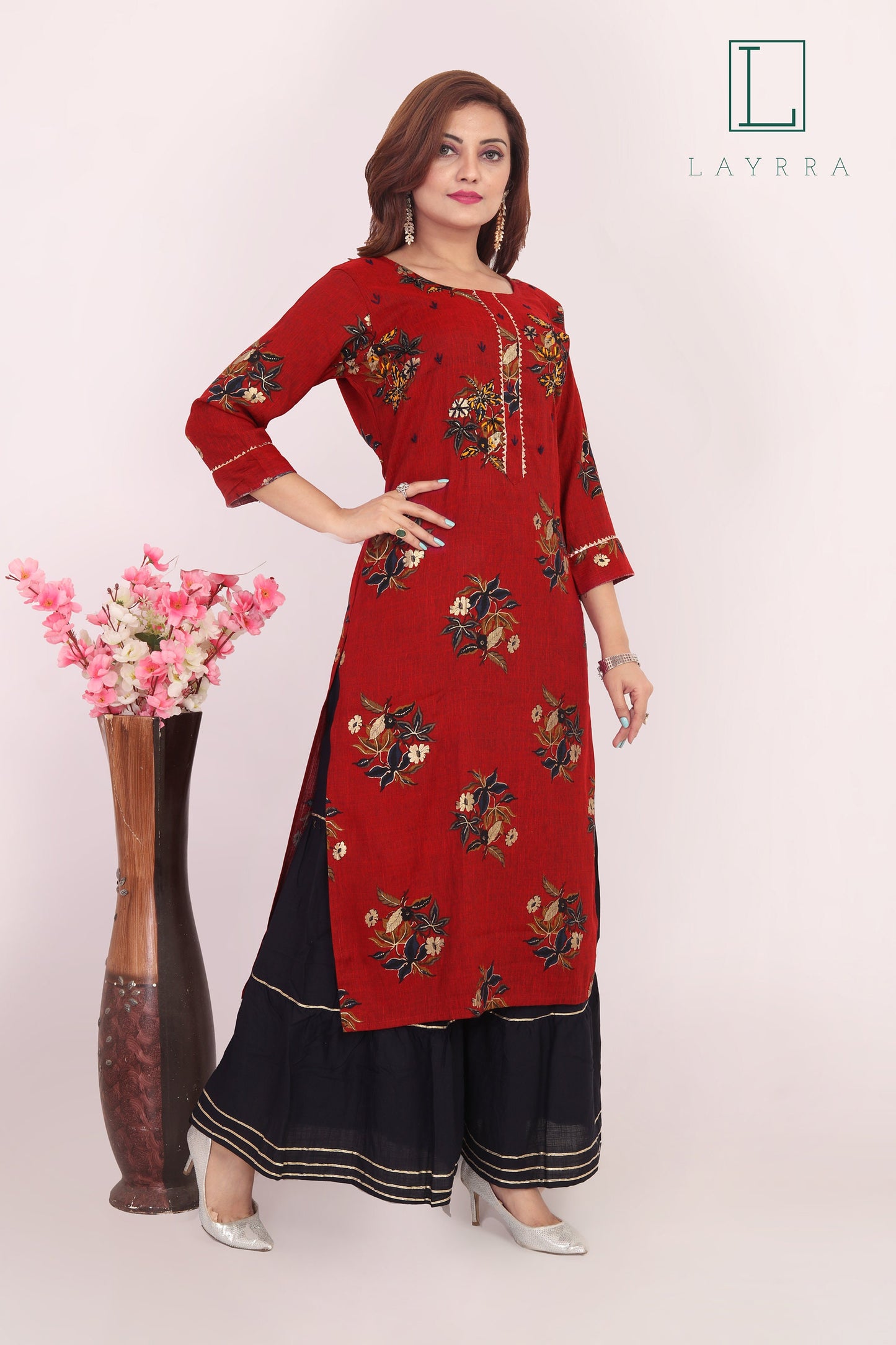 Women Ruby Red Ethnic Floral Print Kurta with Palazzos - Complete Set