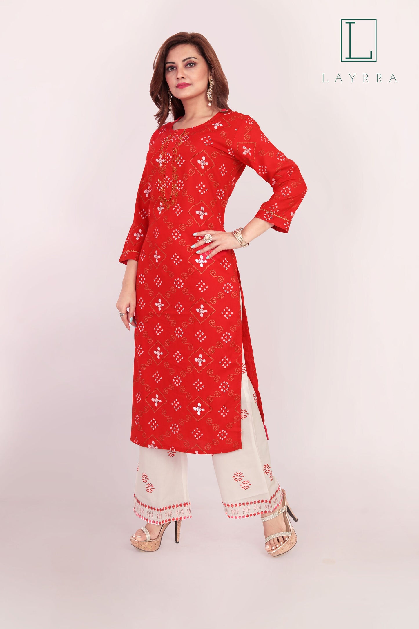 Women Red Ethnic Bandhani Diamond Print Kurta with Palazzos - Complete Set