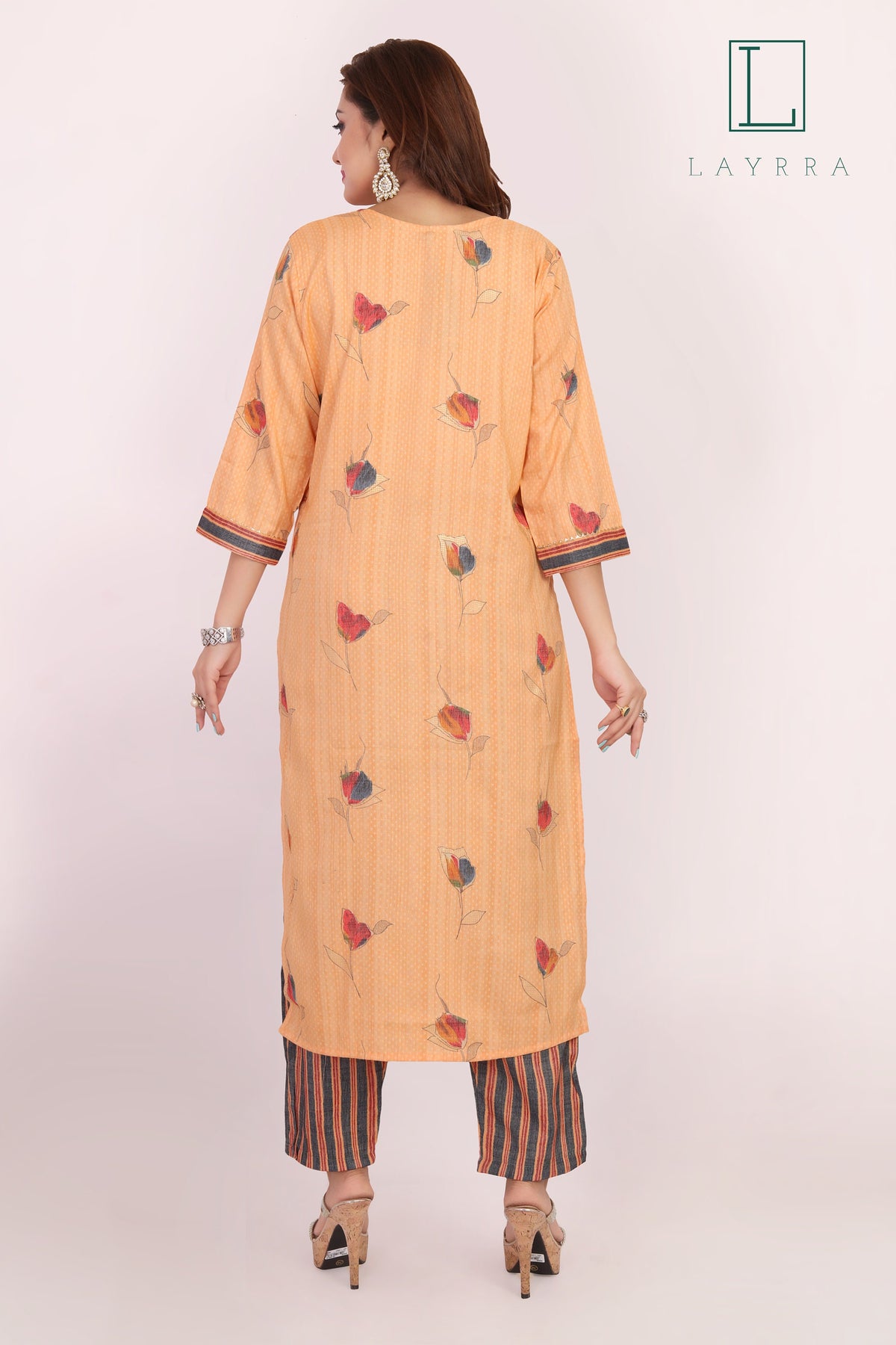 Women Peach Ethnic Floral Embroidered Hand Zari work Kurta with Pants - Complete Set