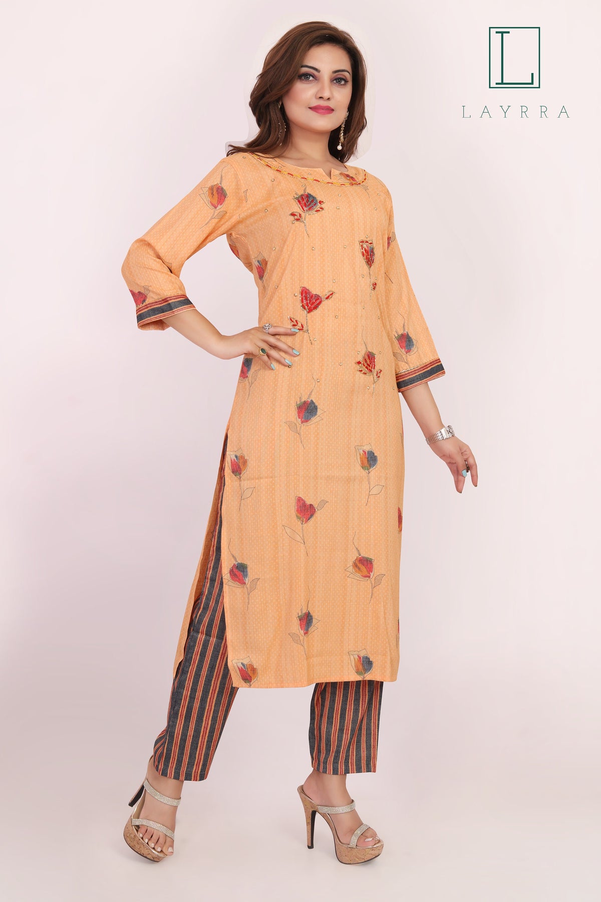 Women Peach Ethnic Floral Embroidered Hand Zari work Kurta with Pants - Complete Set