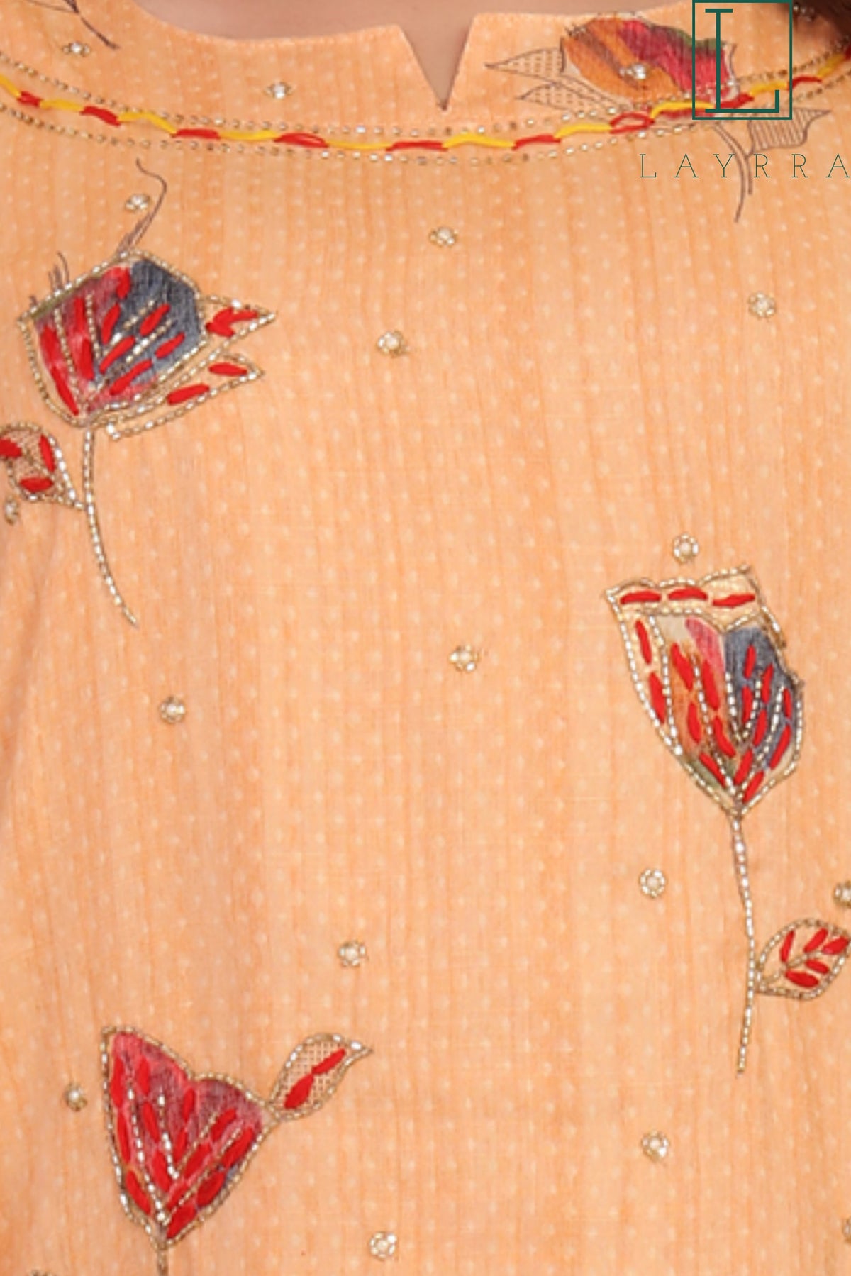 Women Peach Ethnic Floral Embroidered Hand Zari work Kurta with Pants - Complete Set
