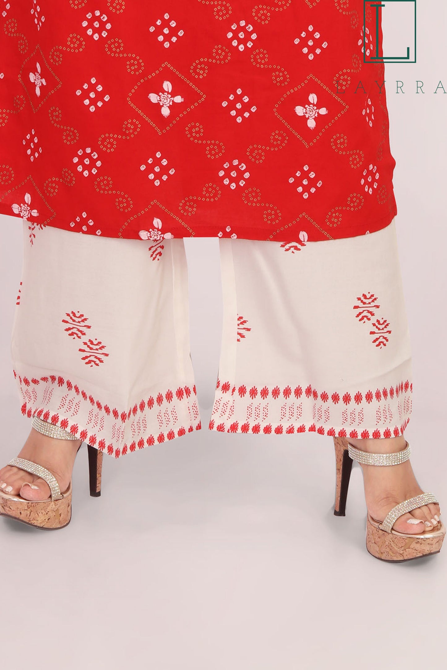 Women Red Ethnic Bandhani Diamond Print Kurta with Palazzos - Complete Set