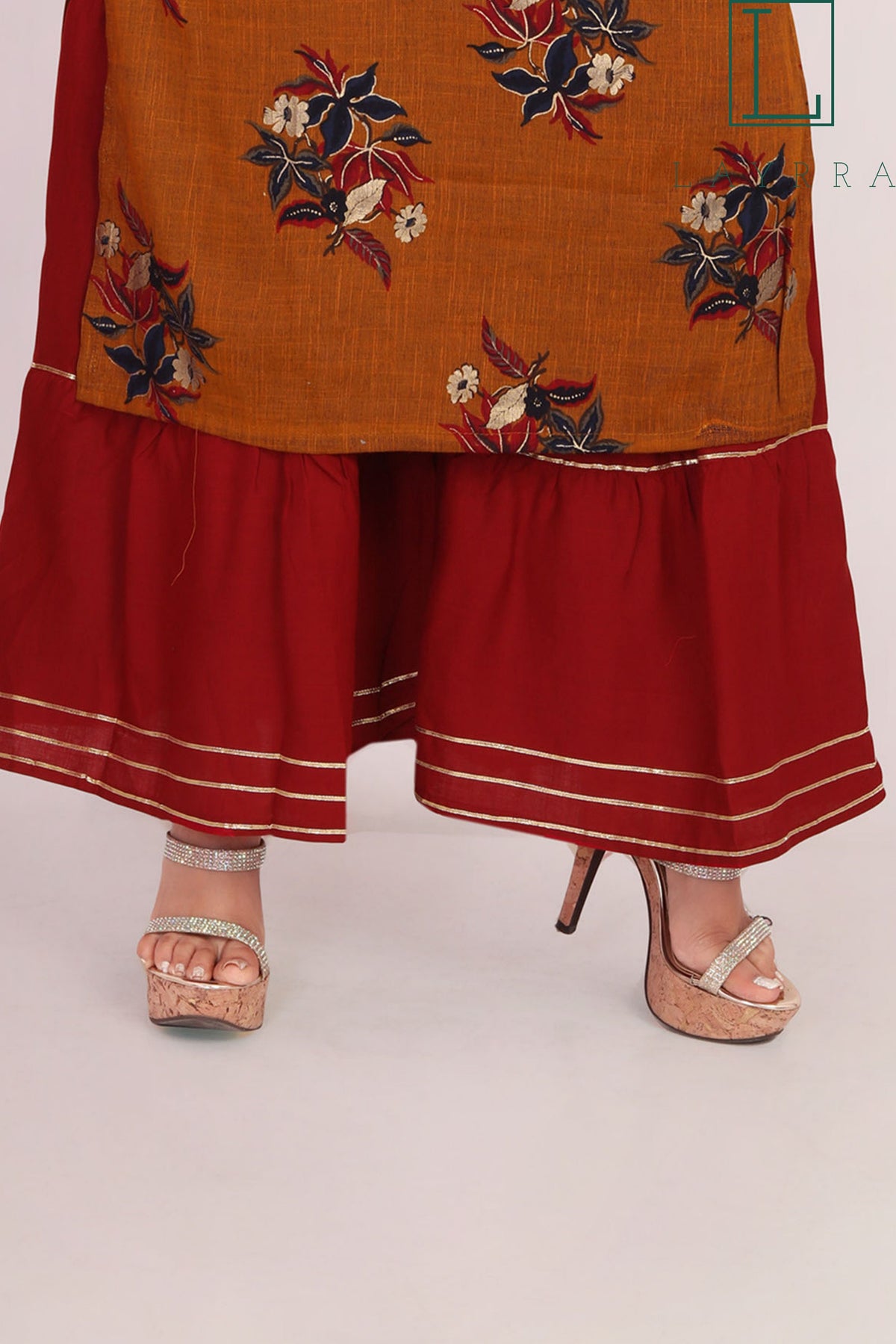 Women Cinnamon Brown Ethnic Floral Print Kurta with Palazzos - Complete Set