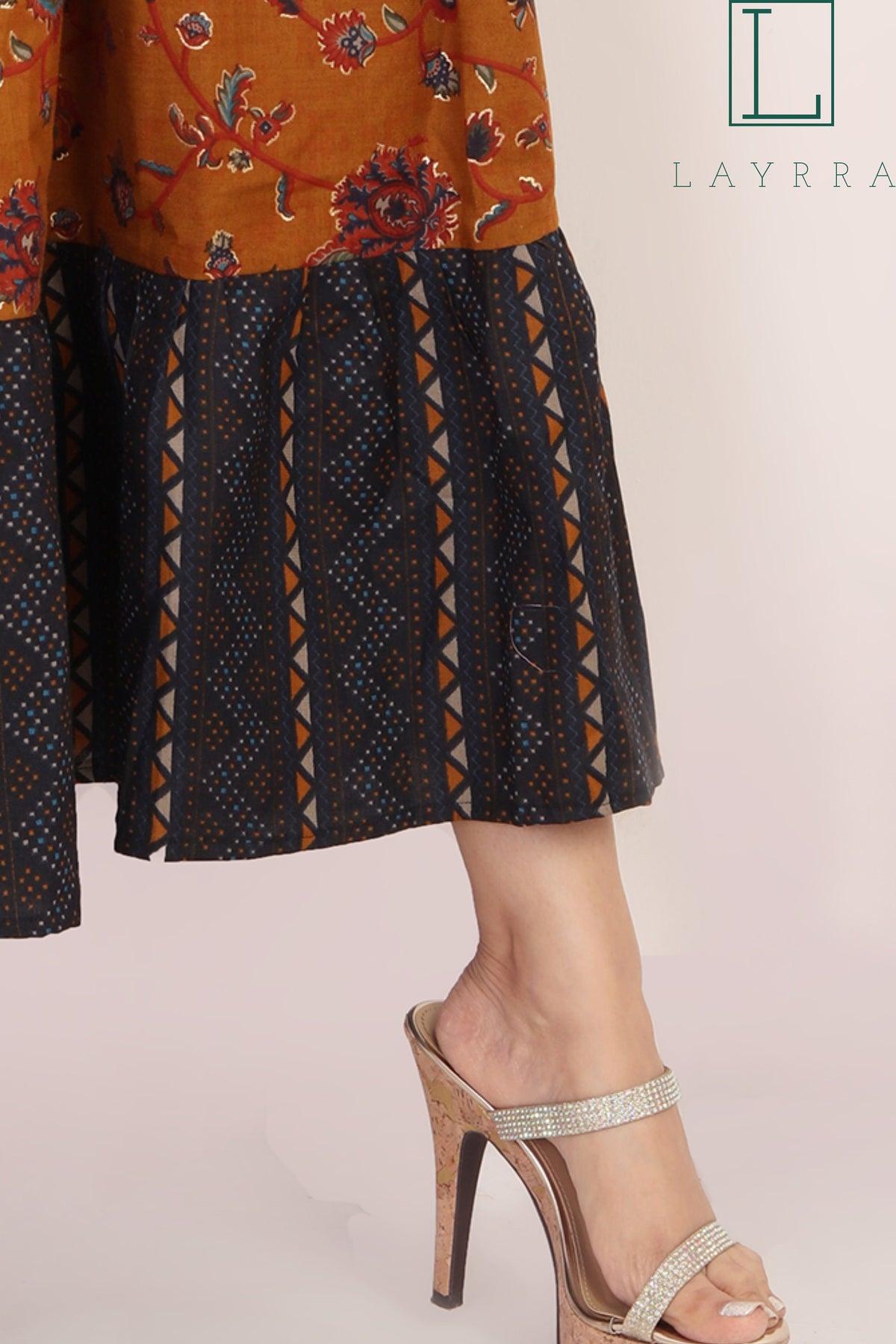 Women Brown Blue Ethnic Floral Print Mirror work Anarkali Kurta - Complete Set