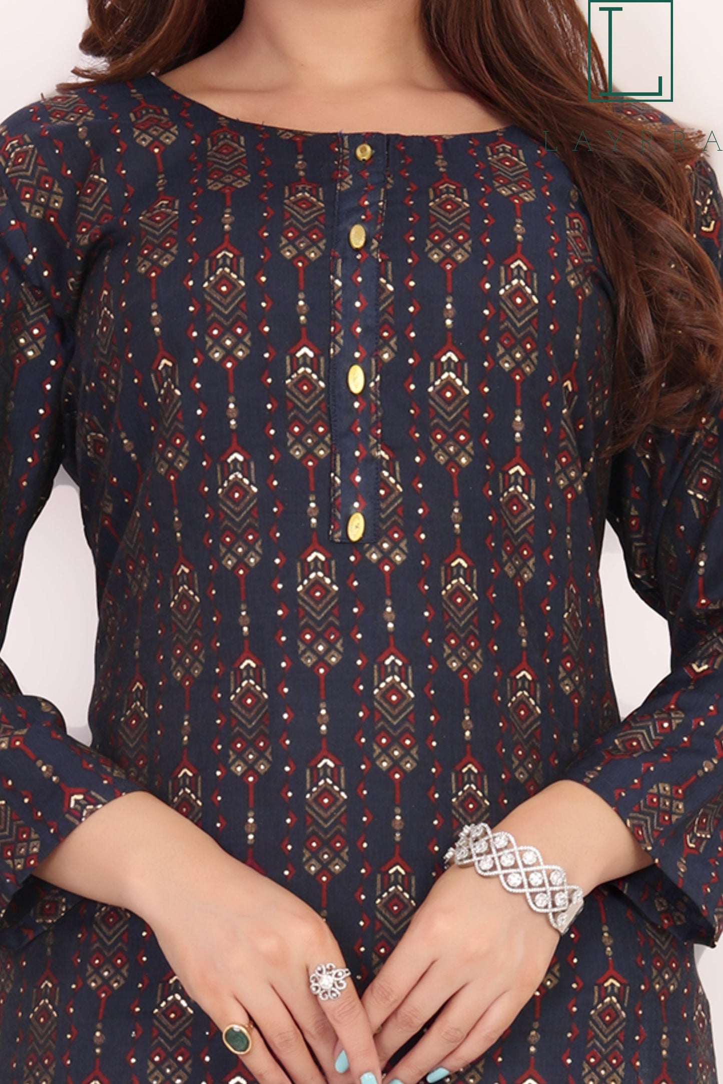 Women Navy Blue & Bronze Ethnic Motifs Print Kurta with Trousers