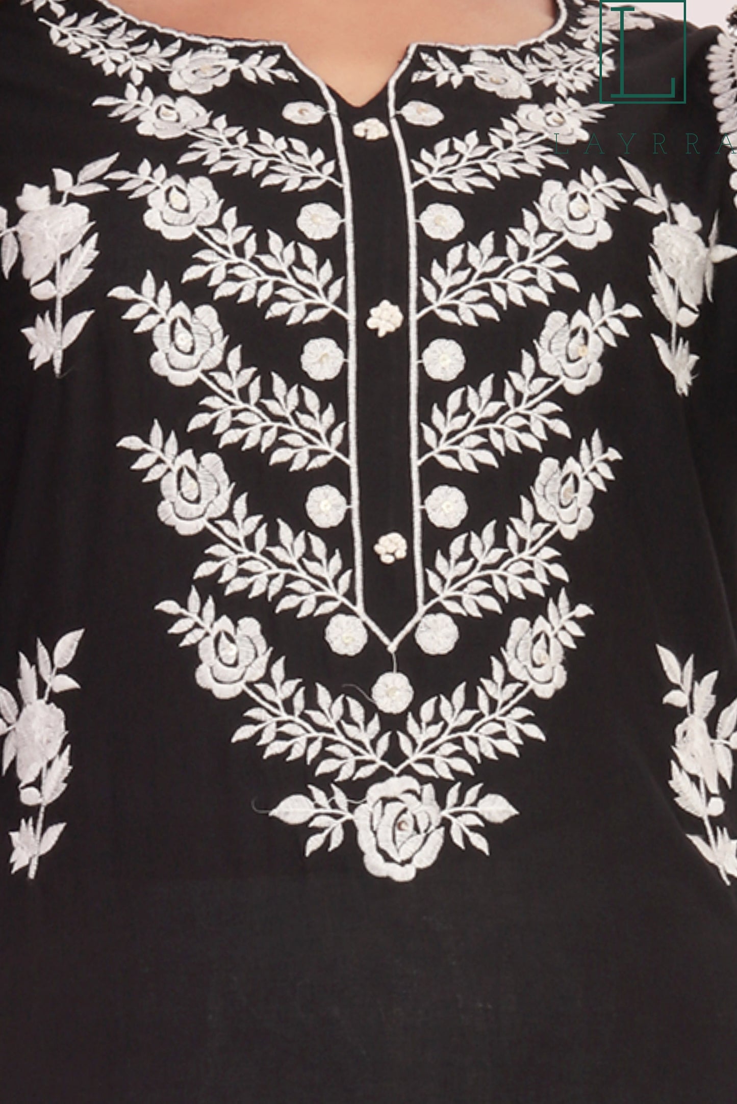 Women Black and White Ethnic Floral Embroidered Kurta with Palazzos - Complete Set