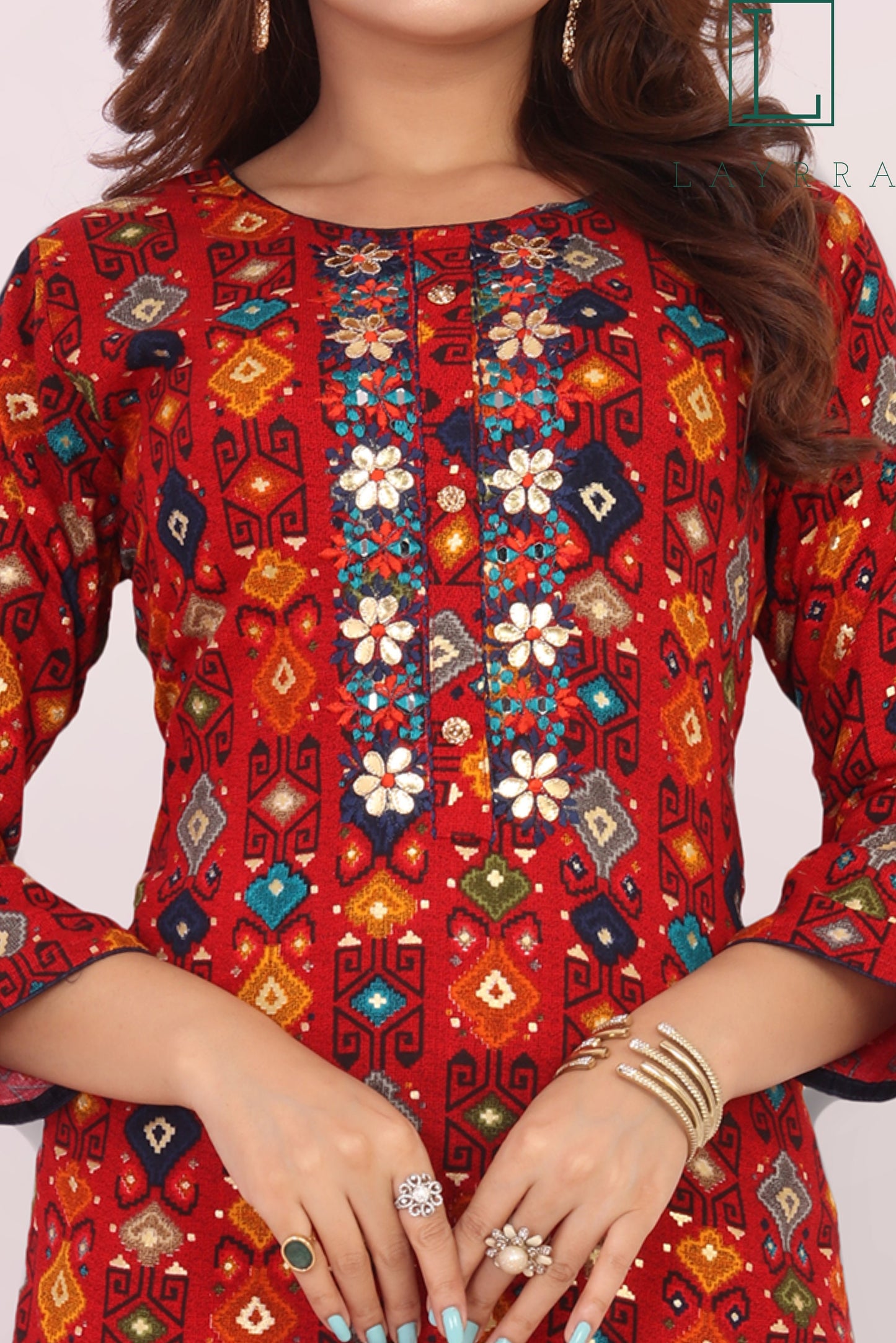 Women Red & Orange Motifs Print Floral Embroidered Kurta with Trousers