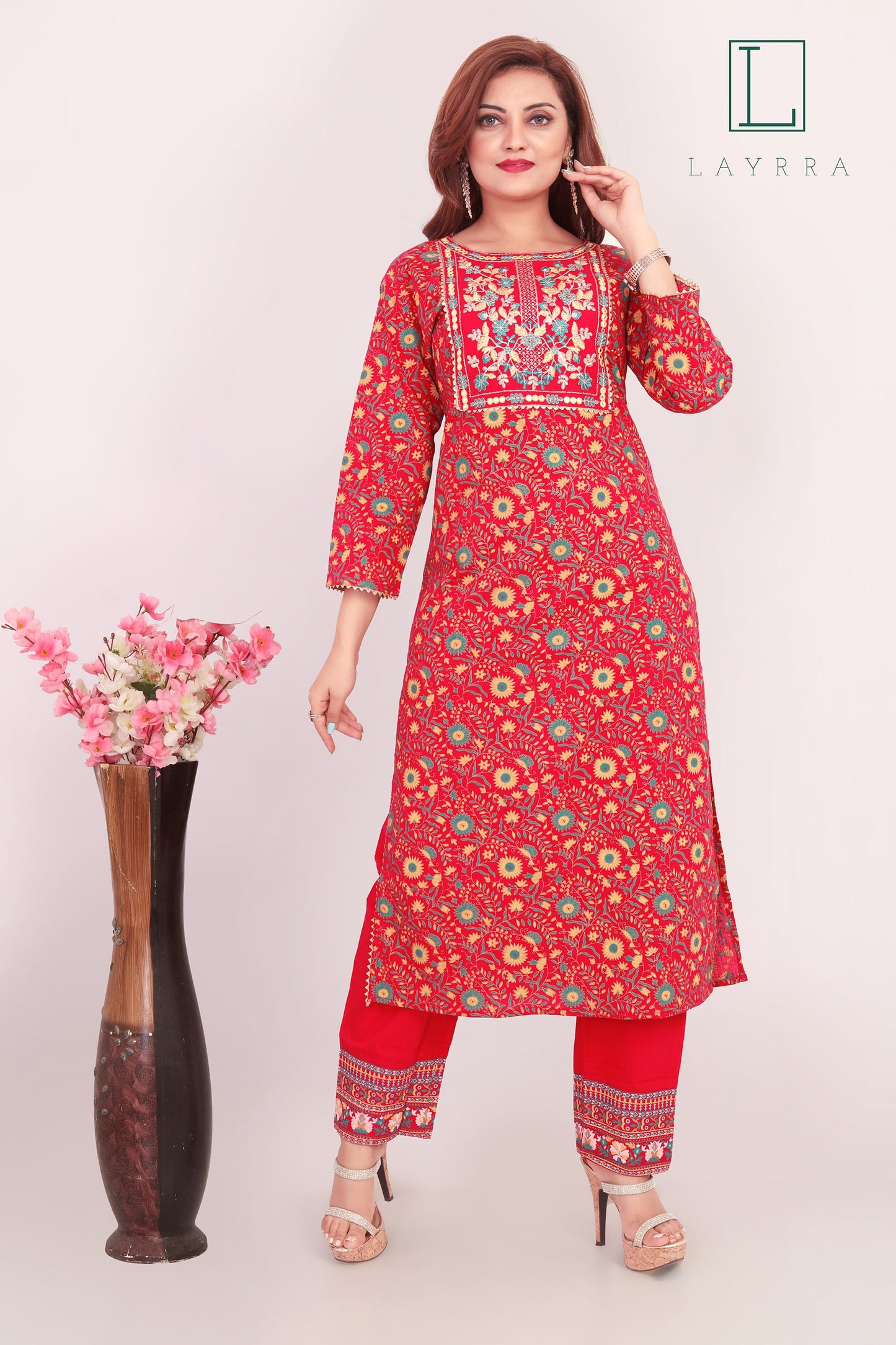 Women Pink Ethnic Floral Embroidered Kurta with Palazzos - Complete Set