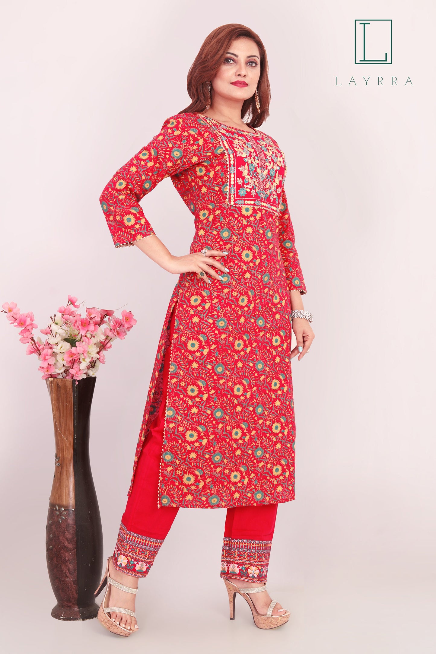 Women Pink Ethnic Floral Embroidered Kurta with Palazzos - Complete Set