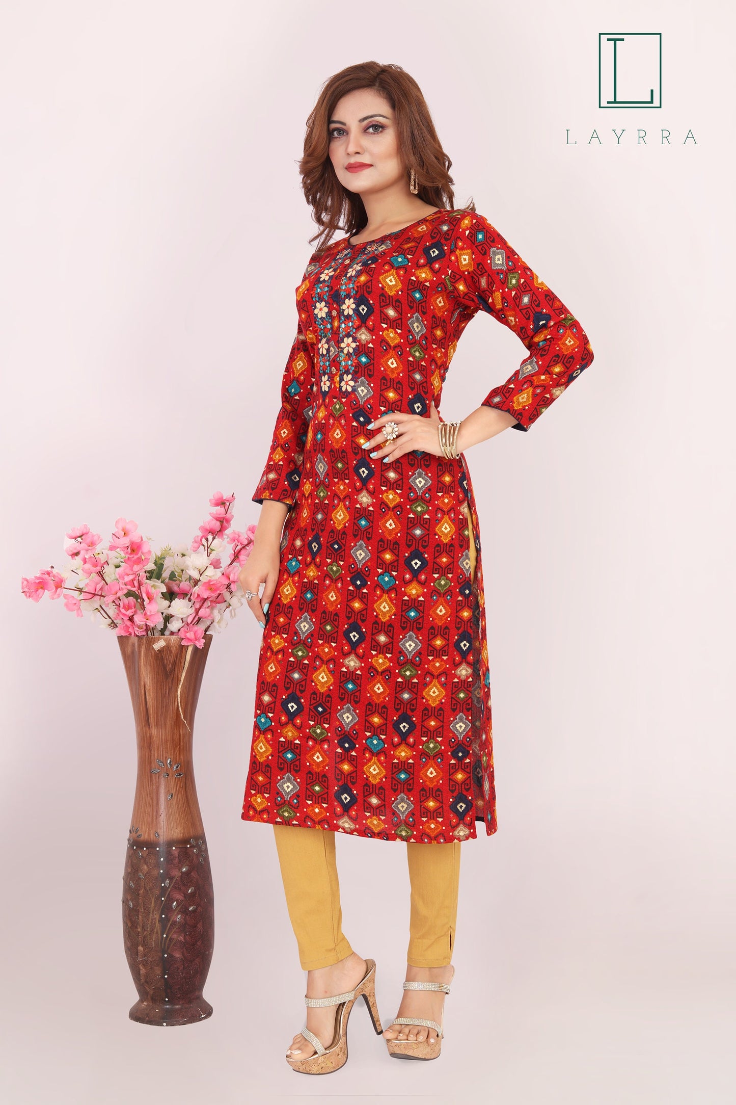 Women Red & Orange Motifs Print Floral Embroidered Kurta with Trousers
