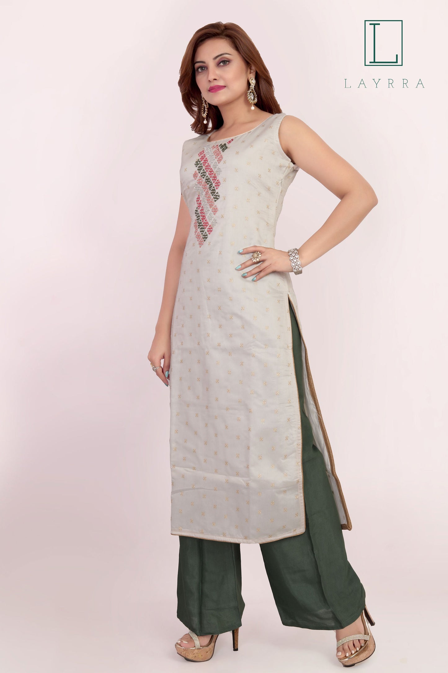 Women White Green Ethnic Diamond Mirror work Kurta with Palazzos & With Dupatta - Complete Set