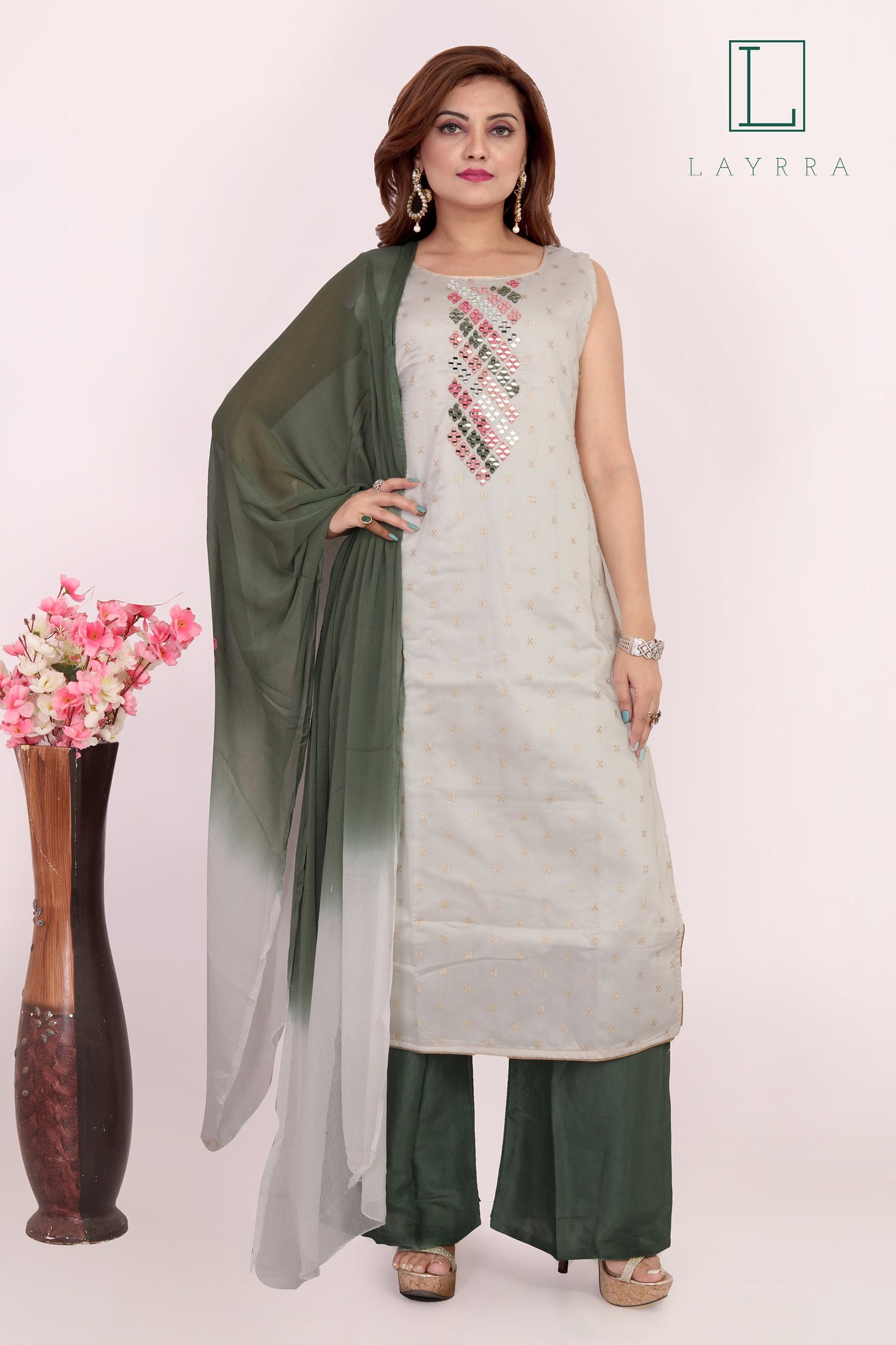 Women White Green Ethnic Diamond Mirror work Kurta with Palazzos & With Dupatta - Complete Set