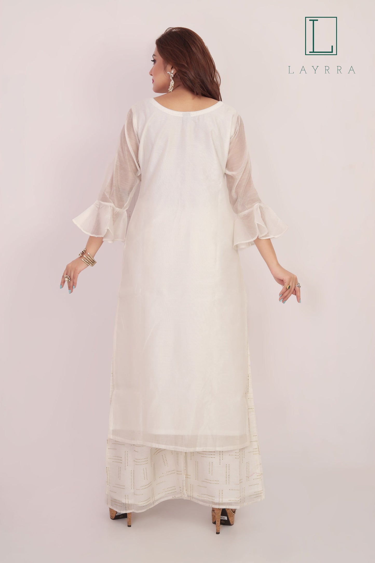 Women White Gold Ethnic Floral Embroidered Kurta with Palazzos & With Dupatta - Complete Set