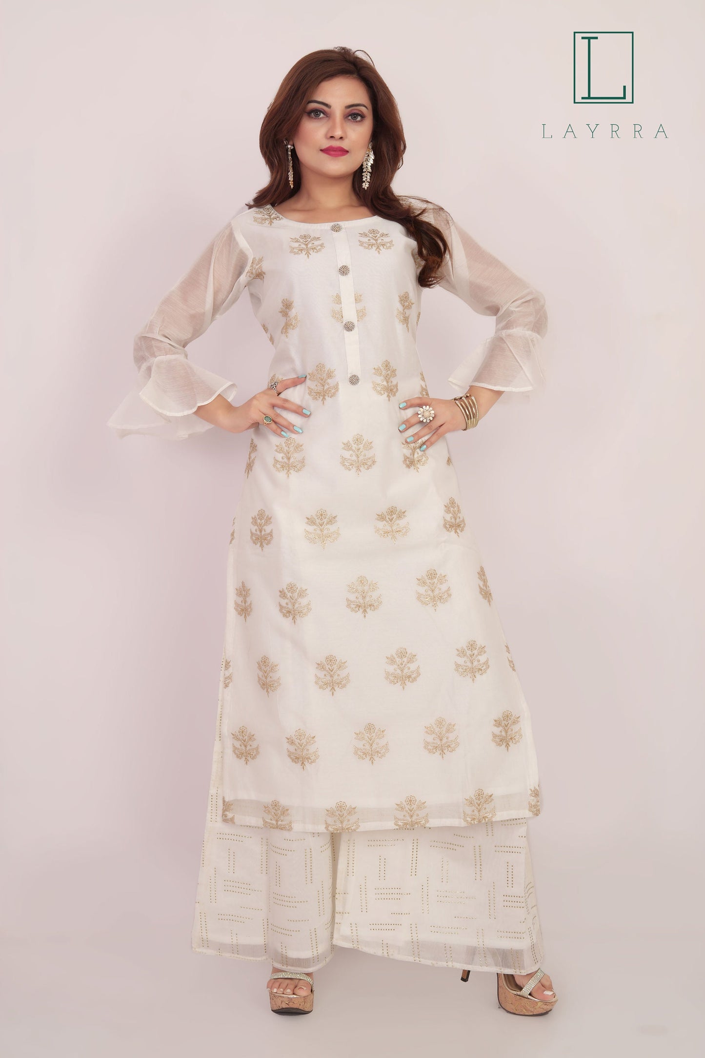 Women White Gold Ethnic Floral Embroidered Kurta with Palazzos & With Dupatta - Complete Set